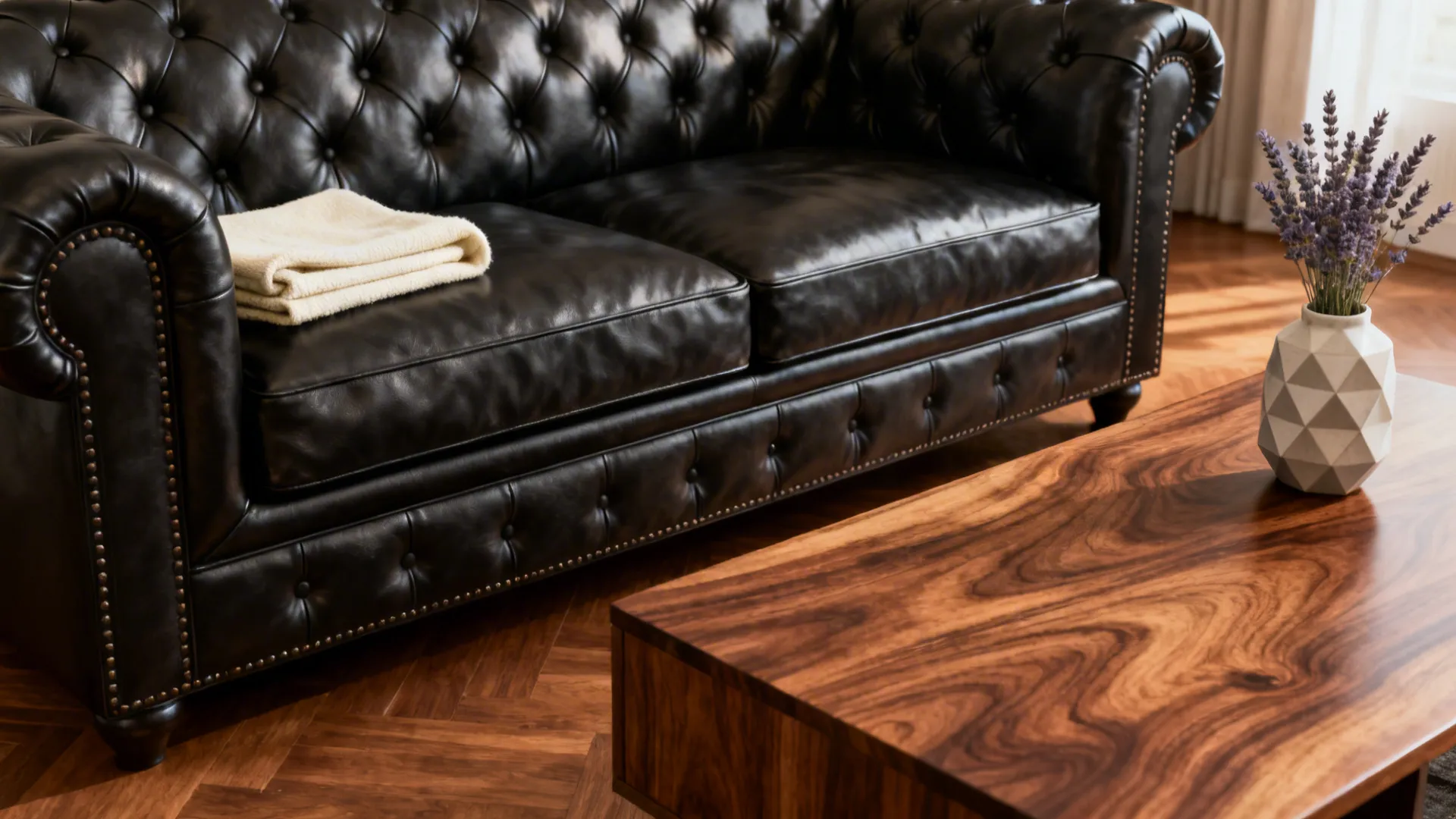 Black leather sofa paired with warm walnut floors and a wooden coffee table
