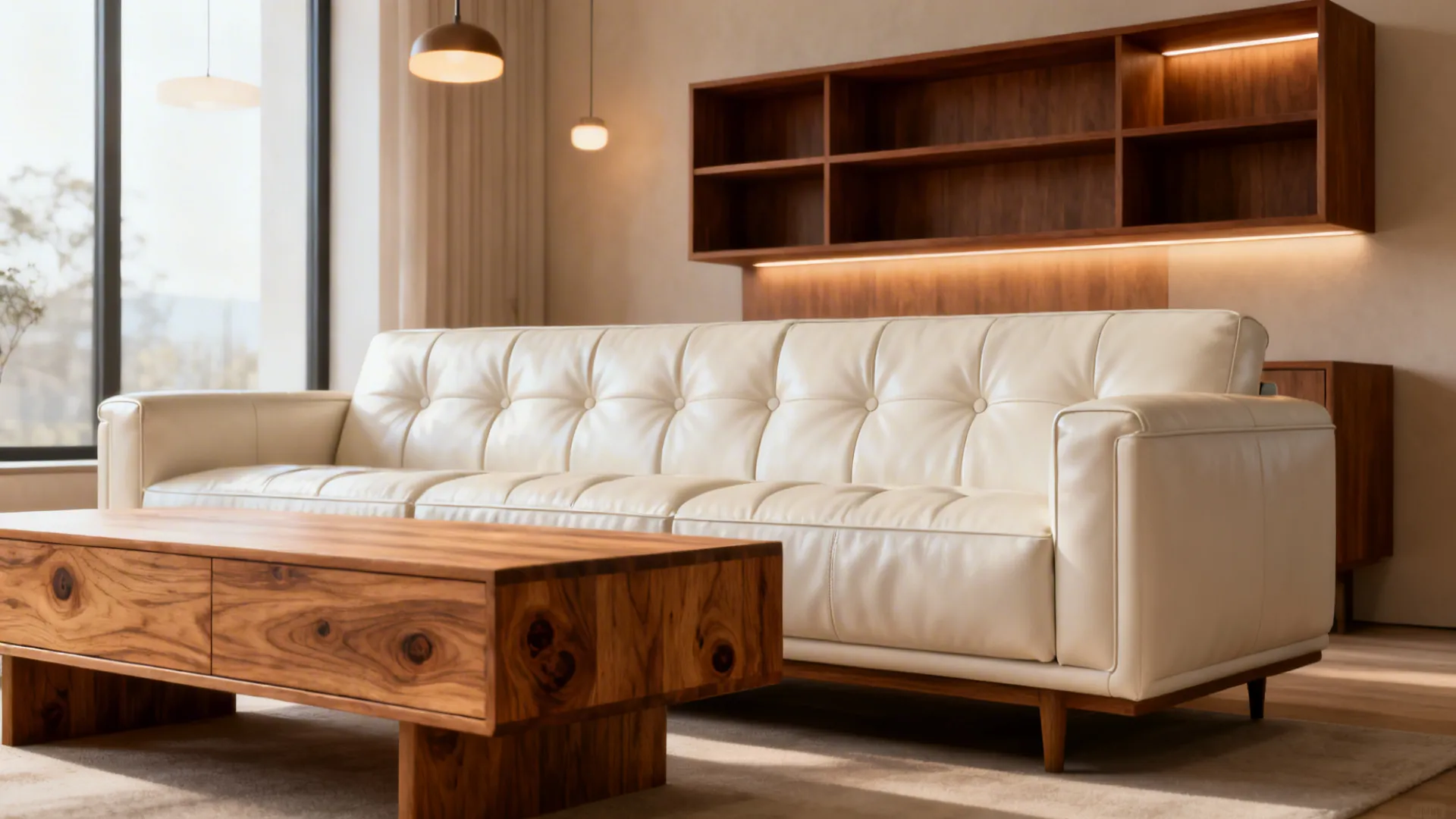 White leather sofa next to matching oak coffee table and walnut shelving showcasing warm wood contrast.