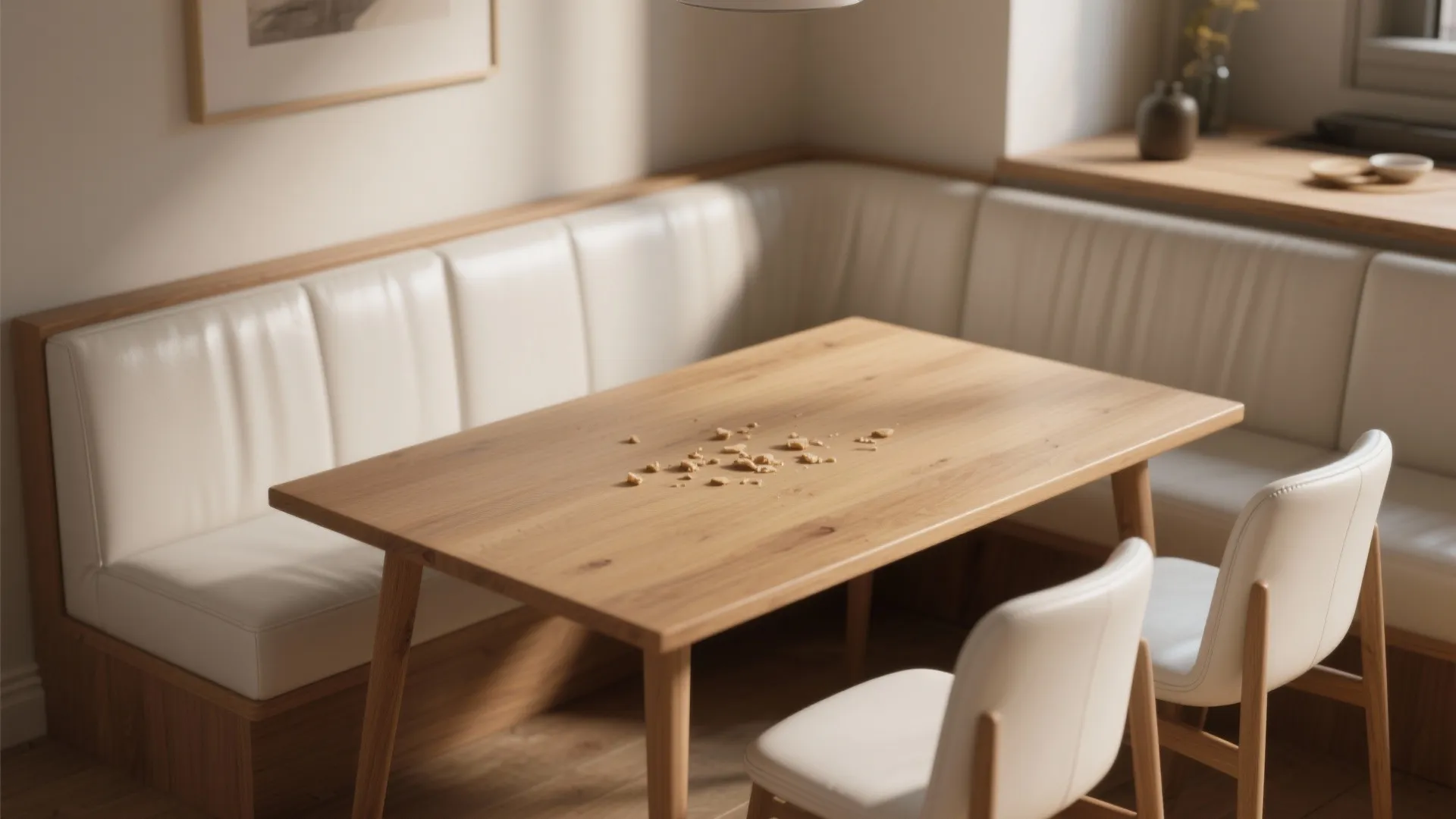 White faux leather chairs contrasted with a mid-tone oak dining table in warm daylight.