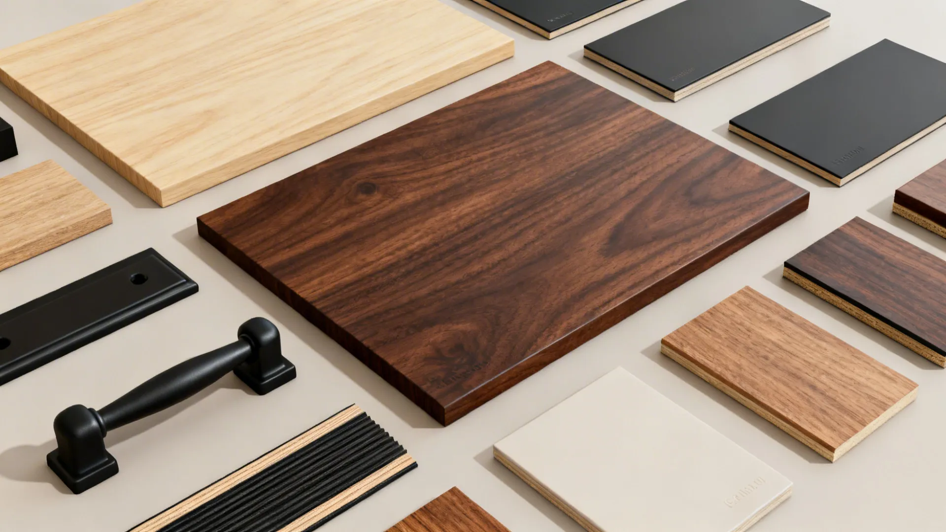 Flat lay of maple and walnut veneers with matte black hardware and finish swatches.