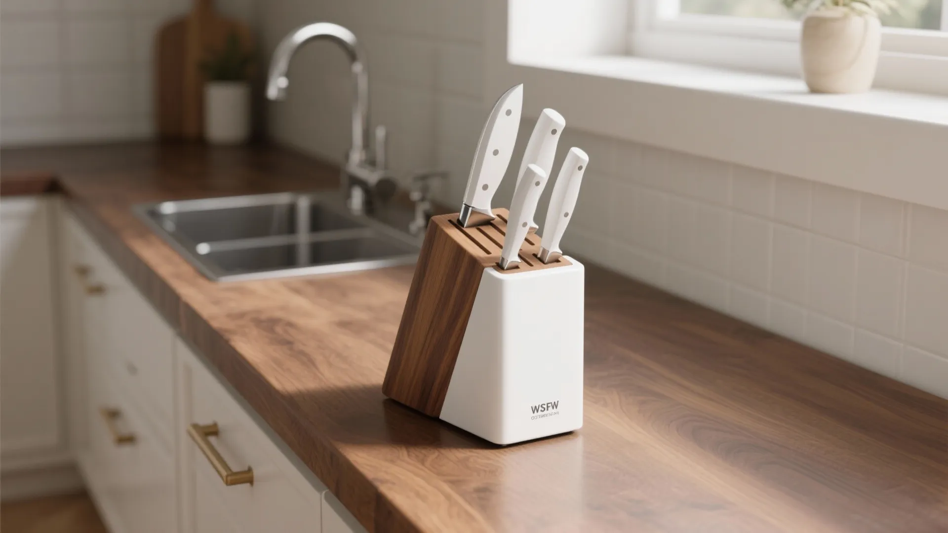 Compact white knife block on warm walnut countertop with matching metal accents.