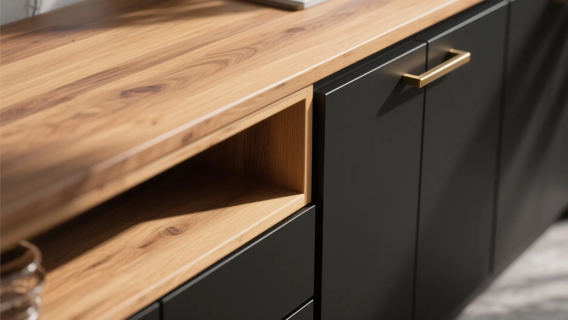 Close up of black kitchen cabinet doors with gold handle and light brown wood grain countertop