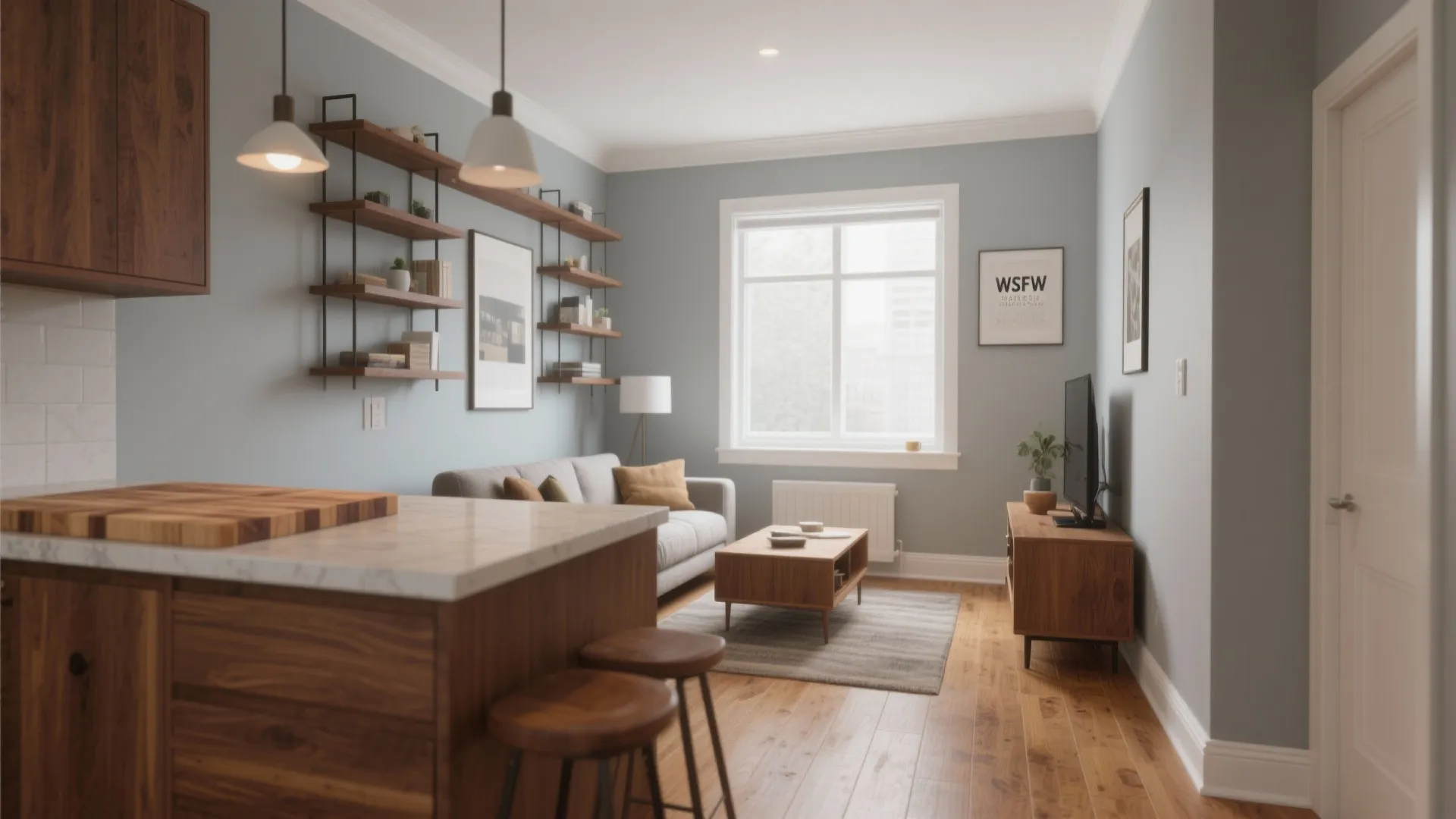 Modern living room featuring blue walls wooden floors grey sofa and kitchen island with wooden stools