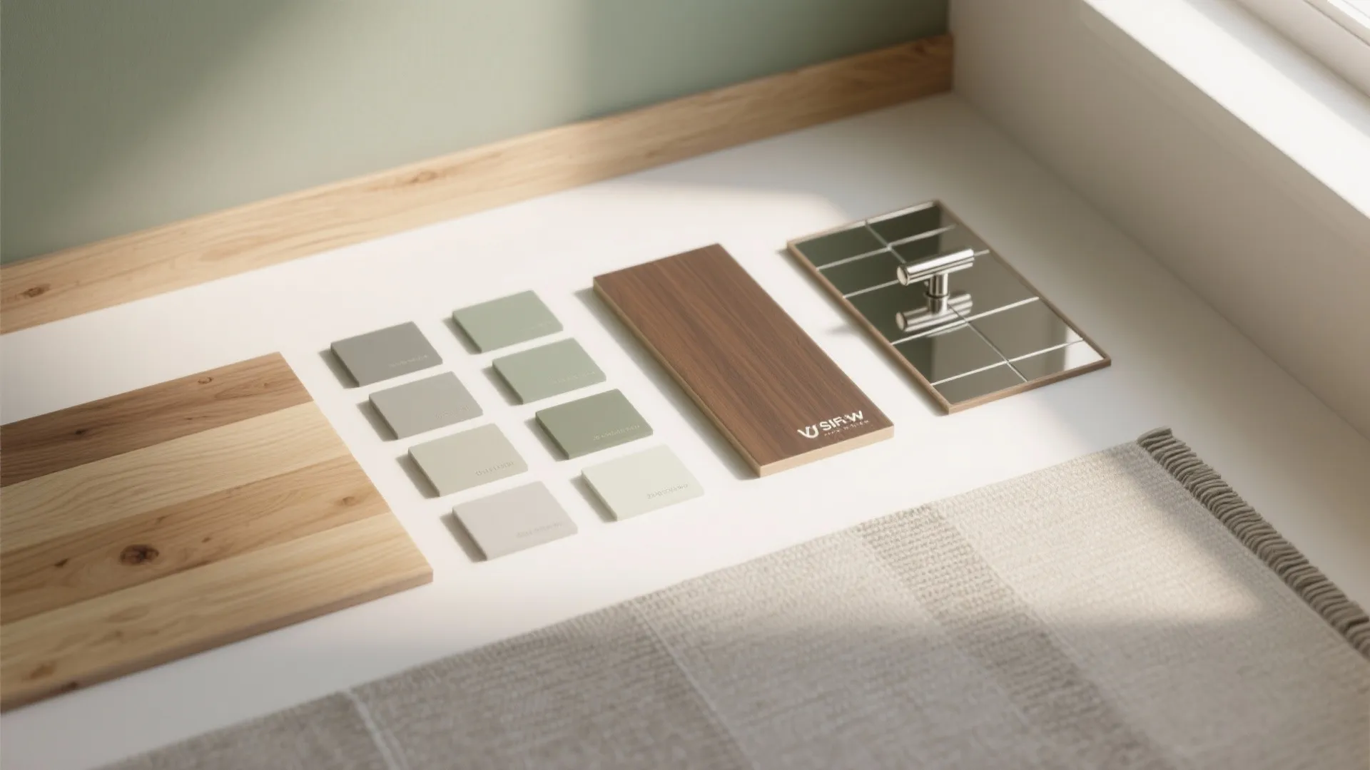 Warm wood textures, cool-toned walls