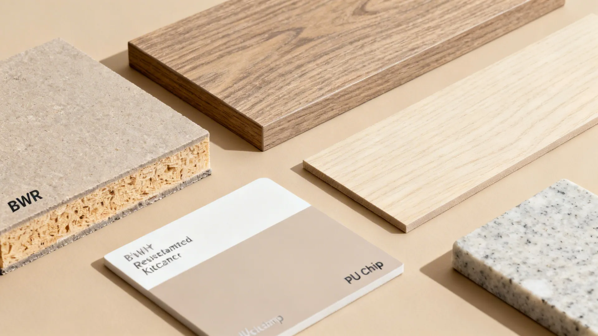 Flatlay of BWR ply, moisture-resistant core, wood laminates, veneer, PU, and quartz samples.