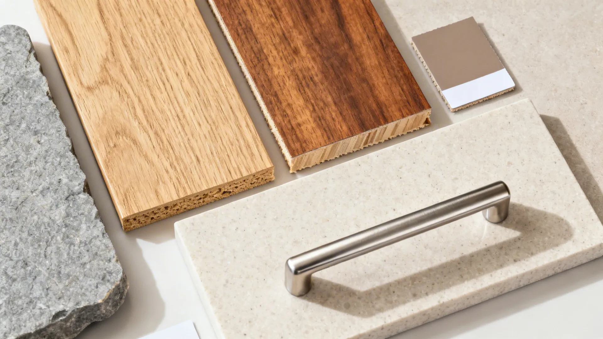 Flat lay of oak and walnut finishes with MDF and plywood cores and light quartz.