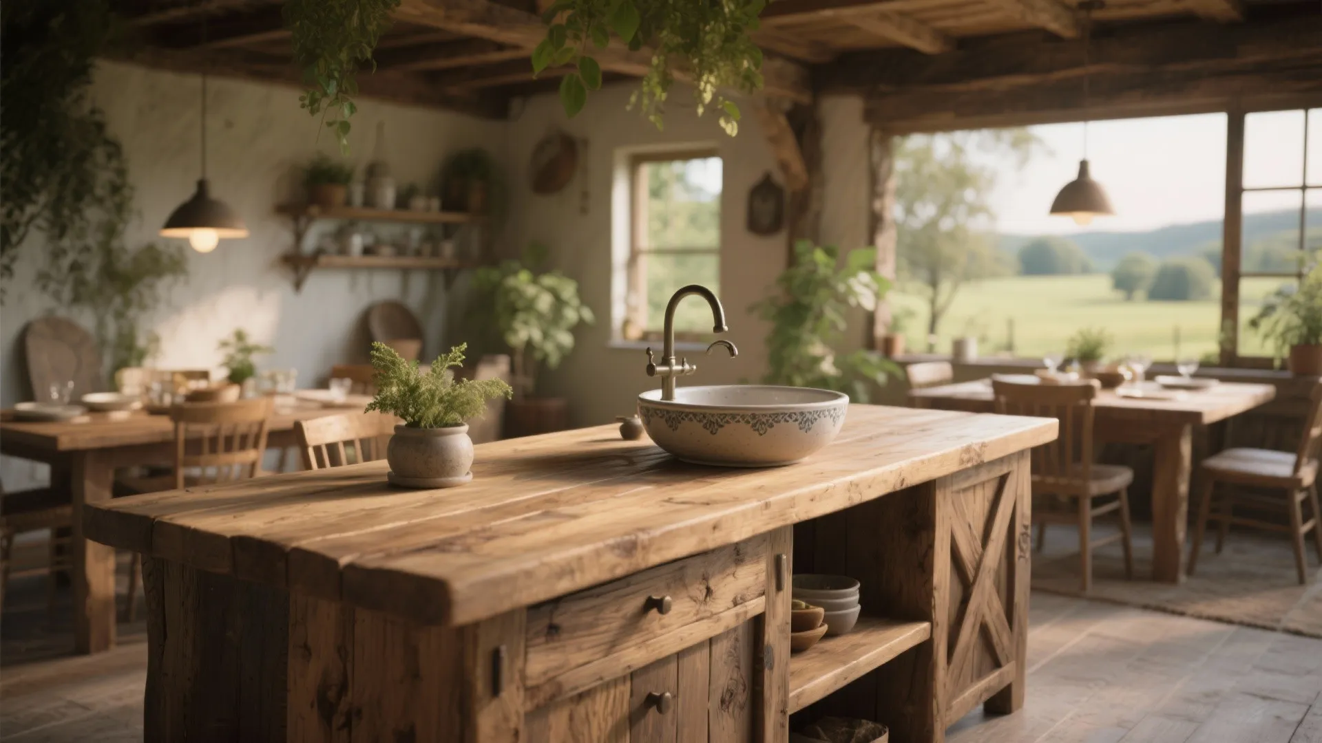 Rustic wooden kitchen island with ceramic sink and bronze faucet in a sunlit farmhouse kitchen