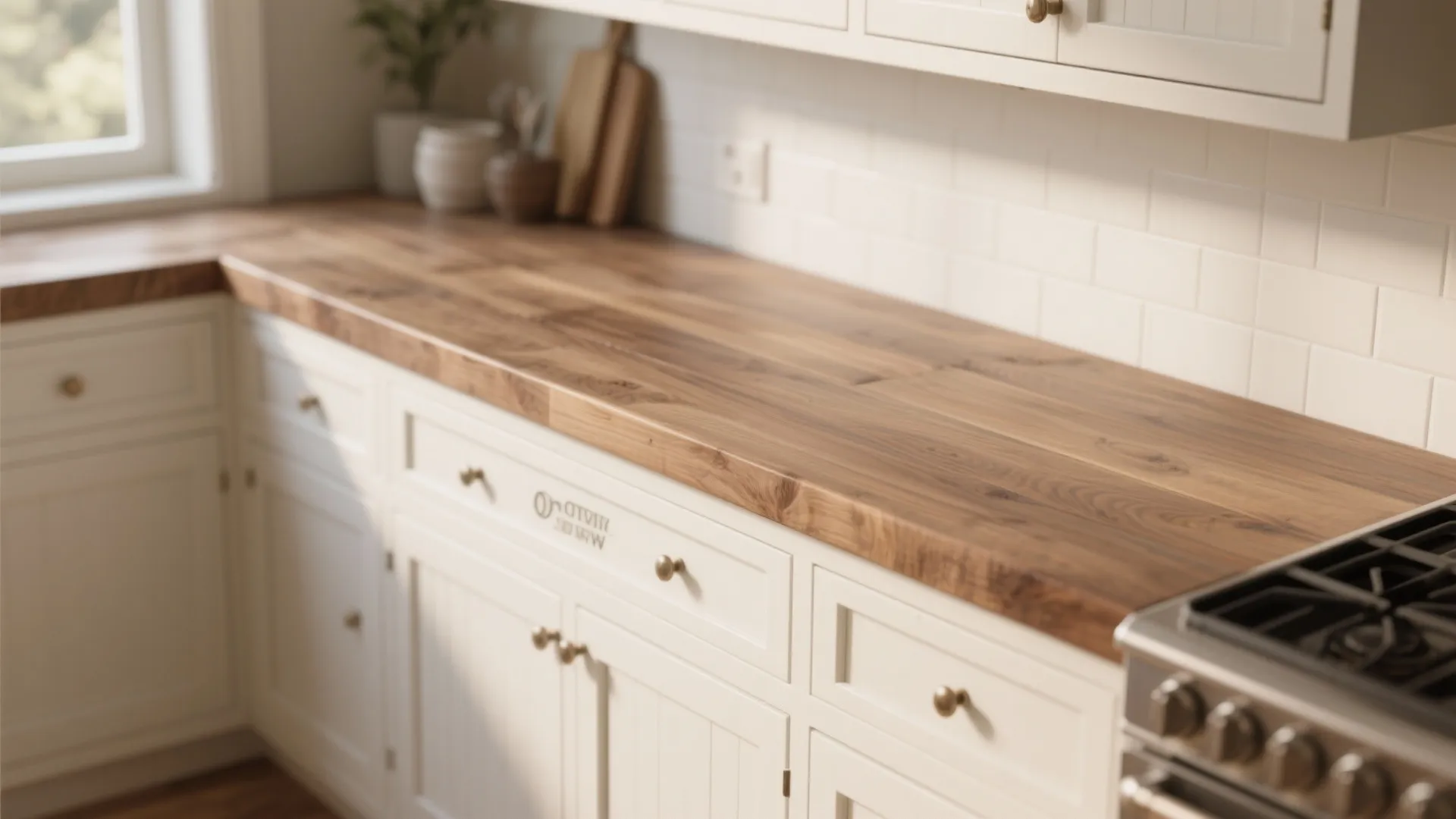 1. Mix antique white cabinets with warm wood countertops