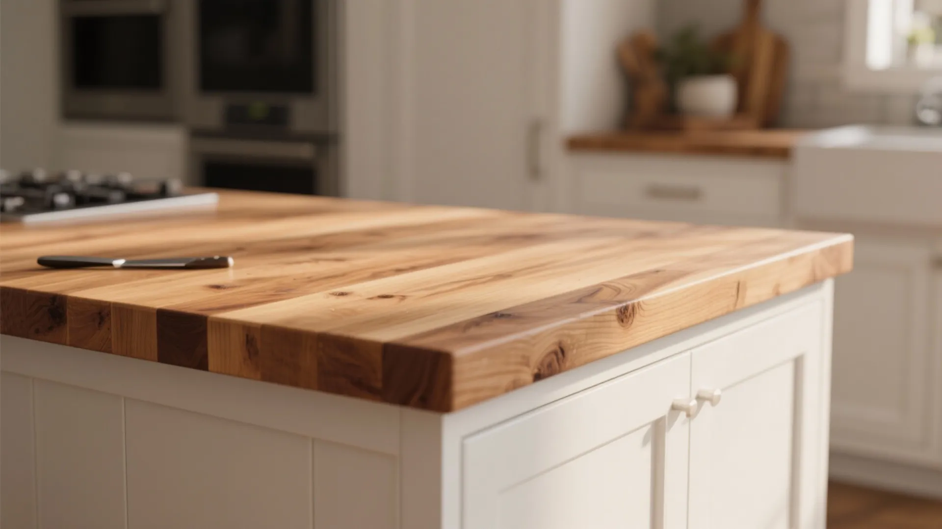 Close up view of a wooden island countertop in a bright white kitchen with natural sunlight