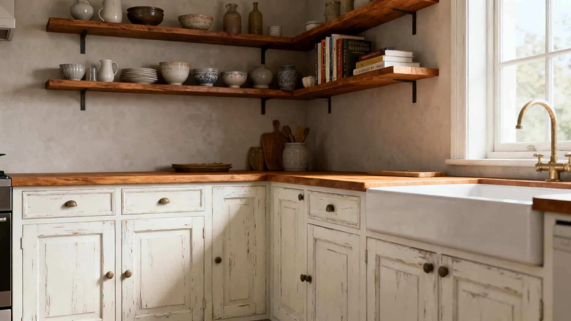 Antique white cabinets with warm oak countertop and floating wood shelves styled with ceramics