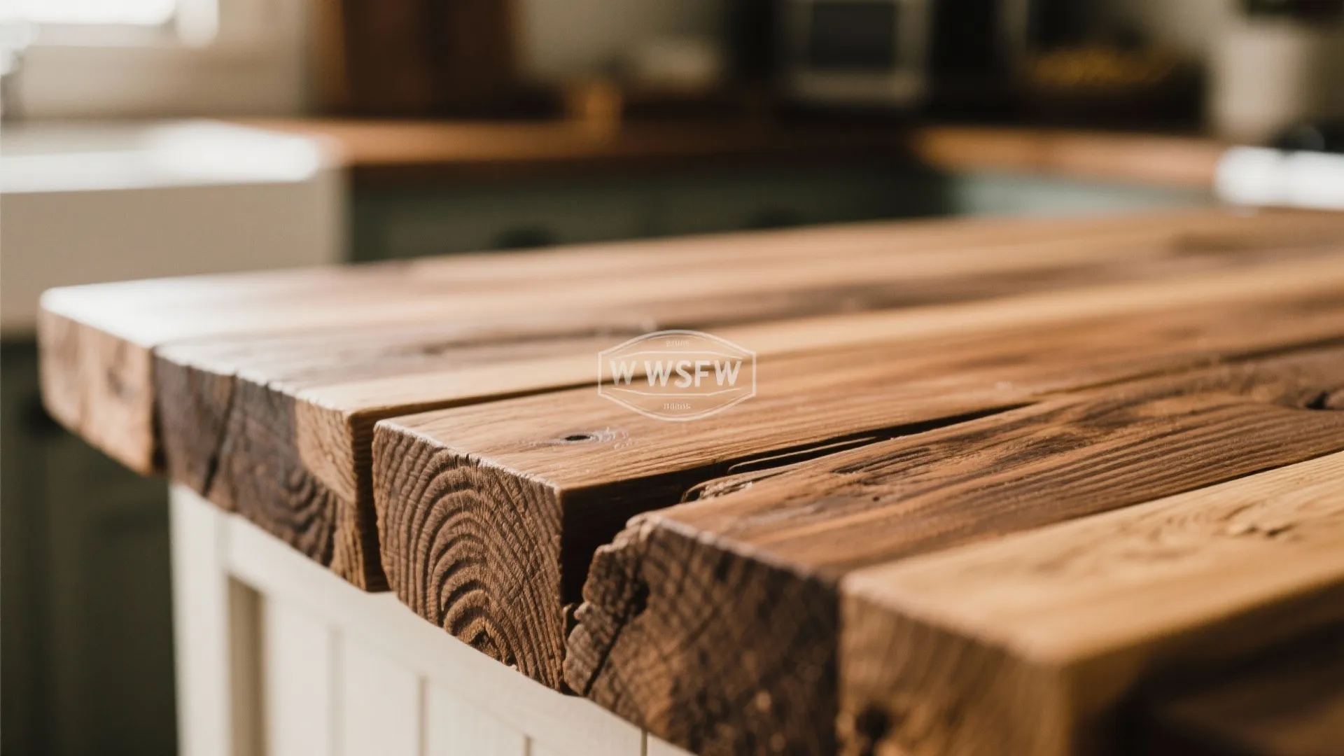 Close-up of warm wood kitchen countertop grain and texture