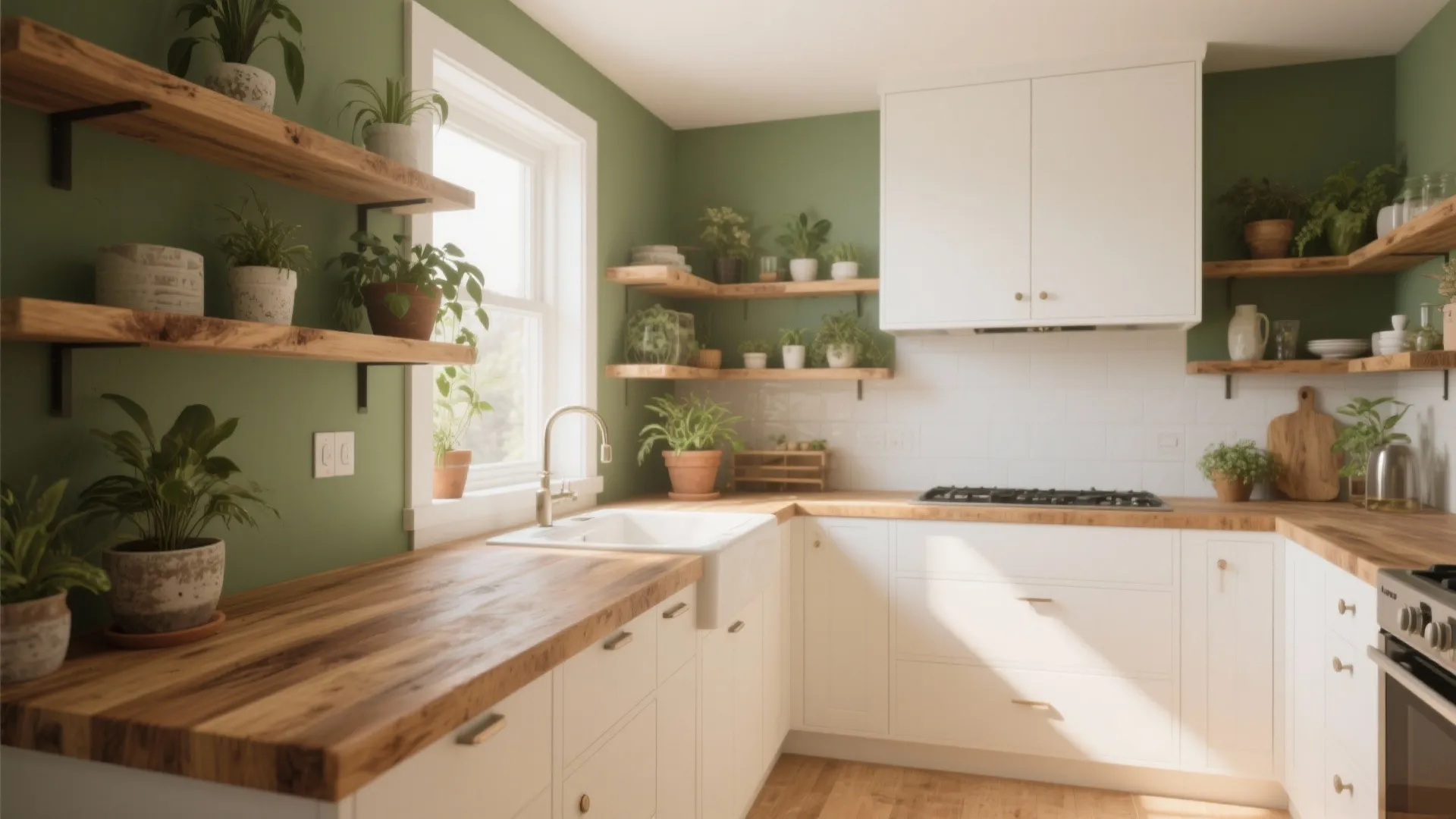 Kitchen with oiled oak countertops, open shelving, white cabinets, and a green wall with plants.