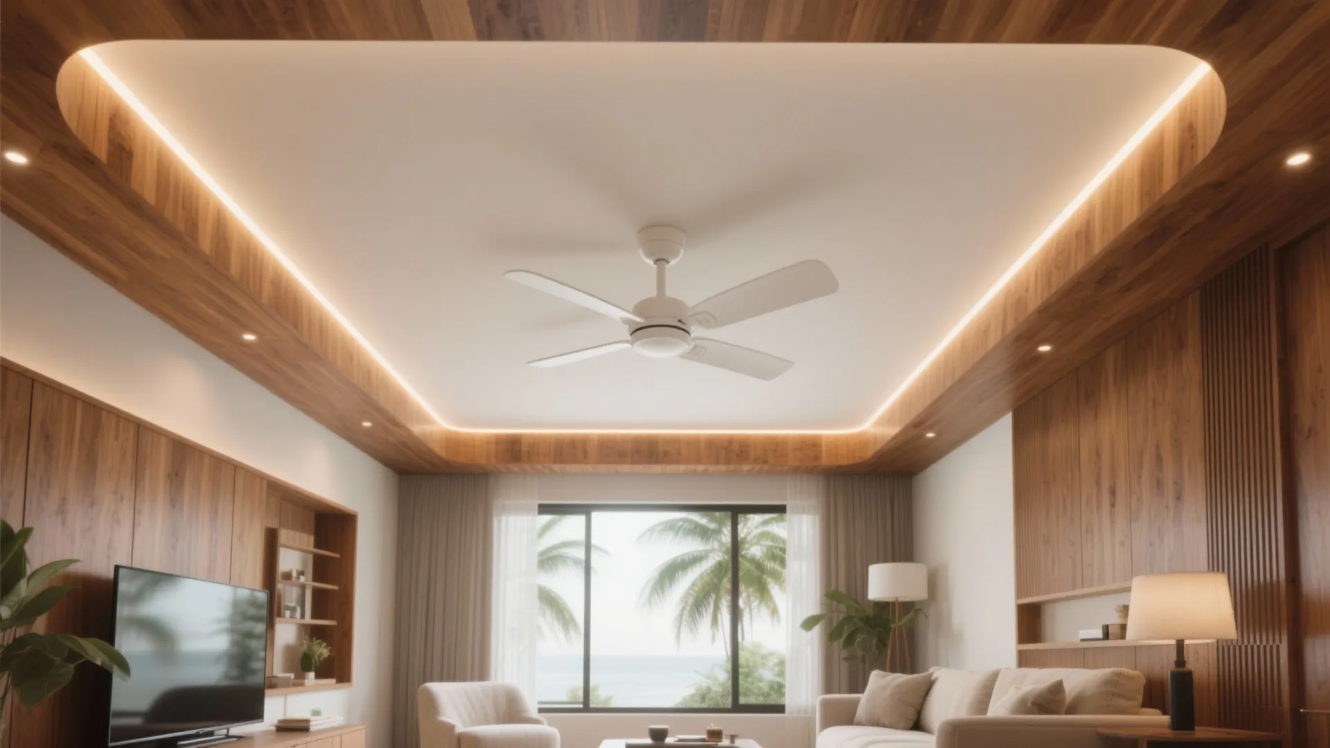 Warm Wood Perimeter Cove with Central Fan or Pendant