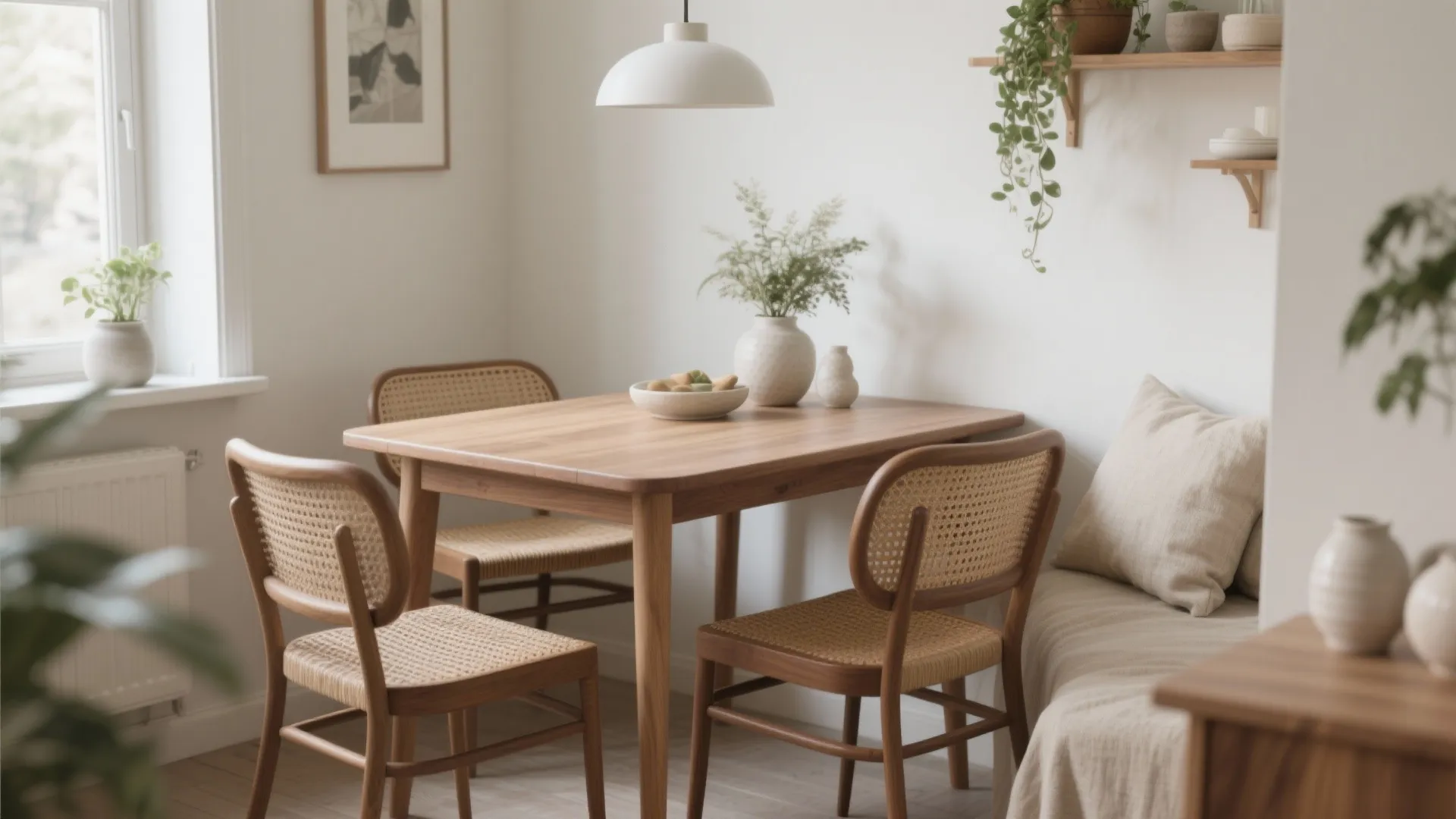 Cozy dining area with wooden table woven chairs white ceiling light and green indoor plants