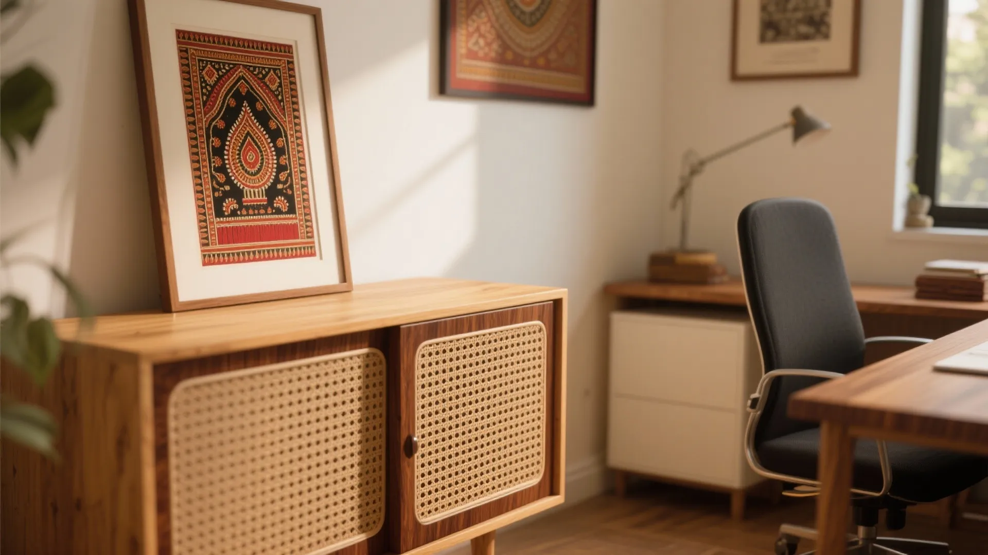 Wooden cabinet with woven doors holding framed art next to a desk and office chair