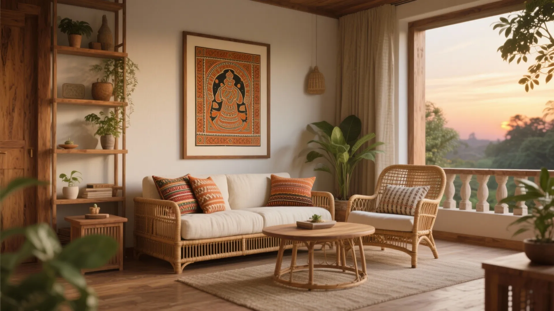 Warm wood, Odisha craft, and breathable finishes