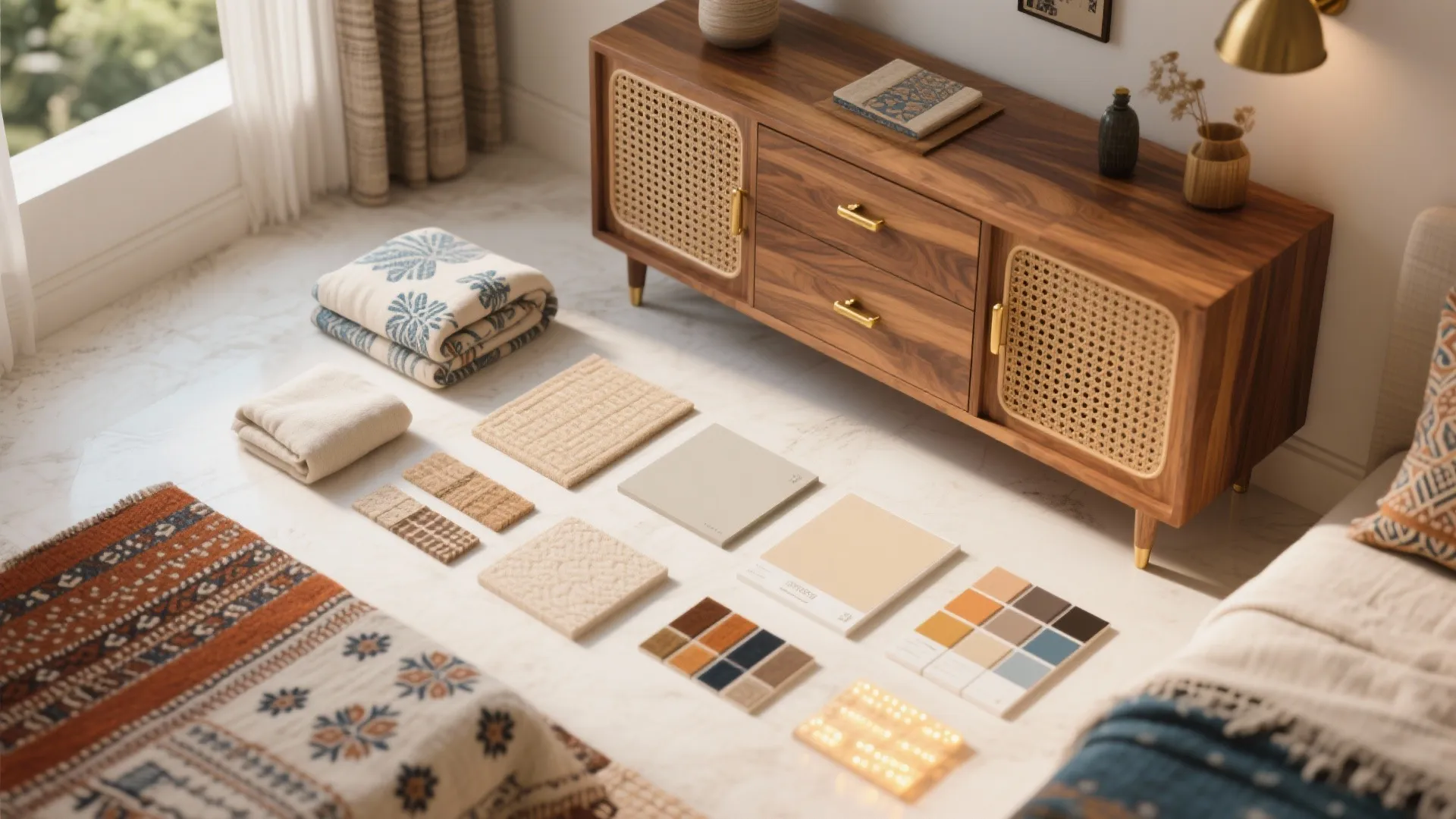 Warmth with natural wood accents and Jaipur crafts