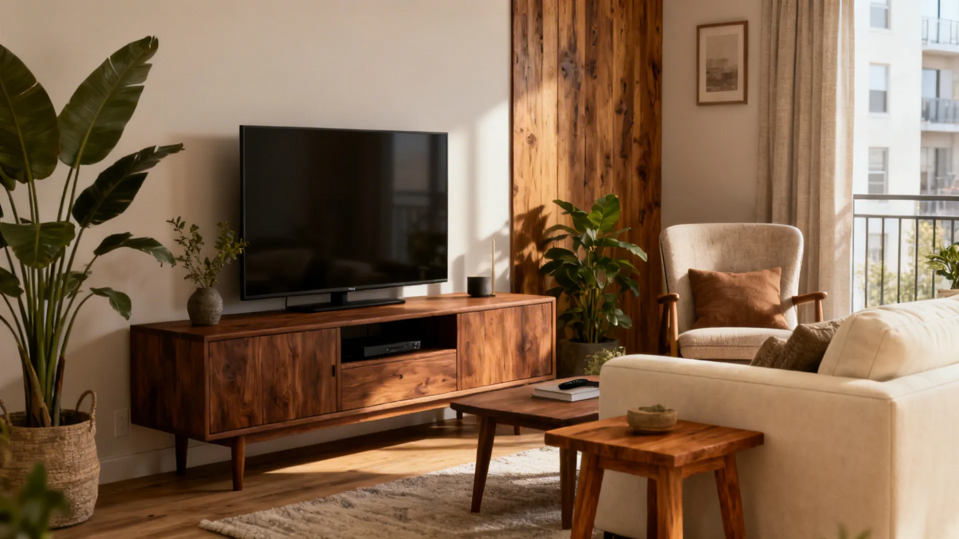 Living area with walnut console, oak side table and cream upholstered sofa.
