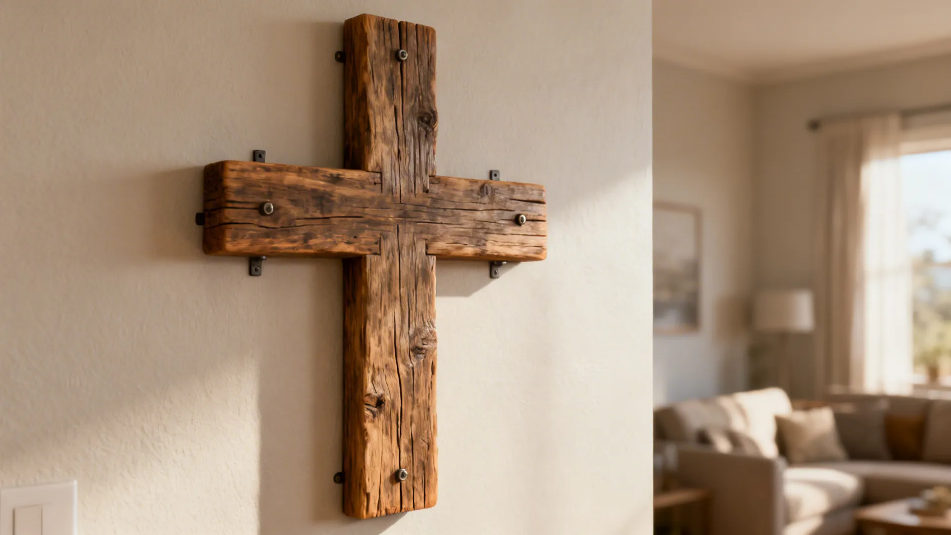 Close-up of reclaimed-wood cross showing grain and mounting details with soft daylight.