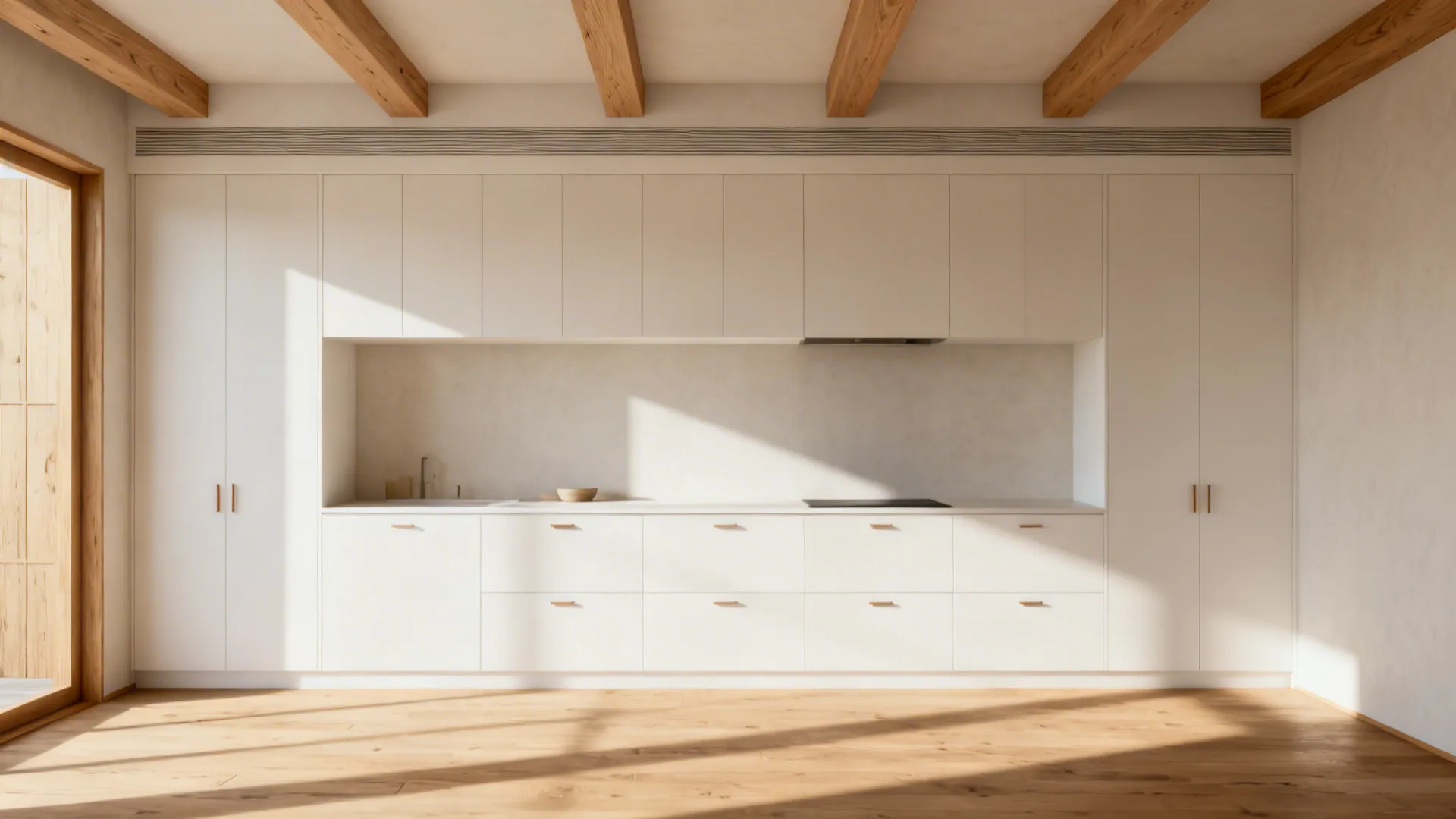Japandi kitchen with slim white oak crown matching ceiling beams above flat-panel cabinets.