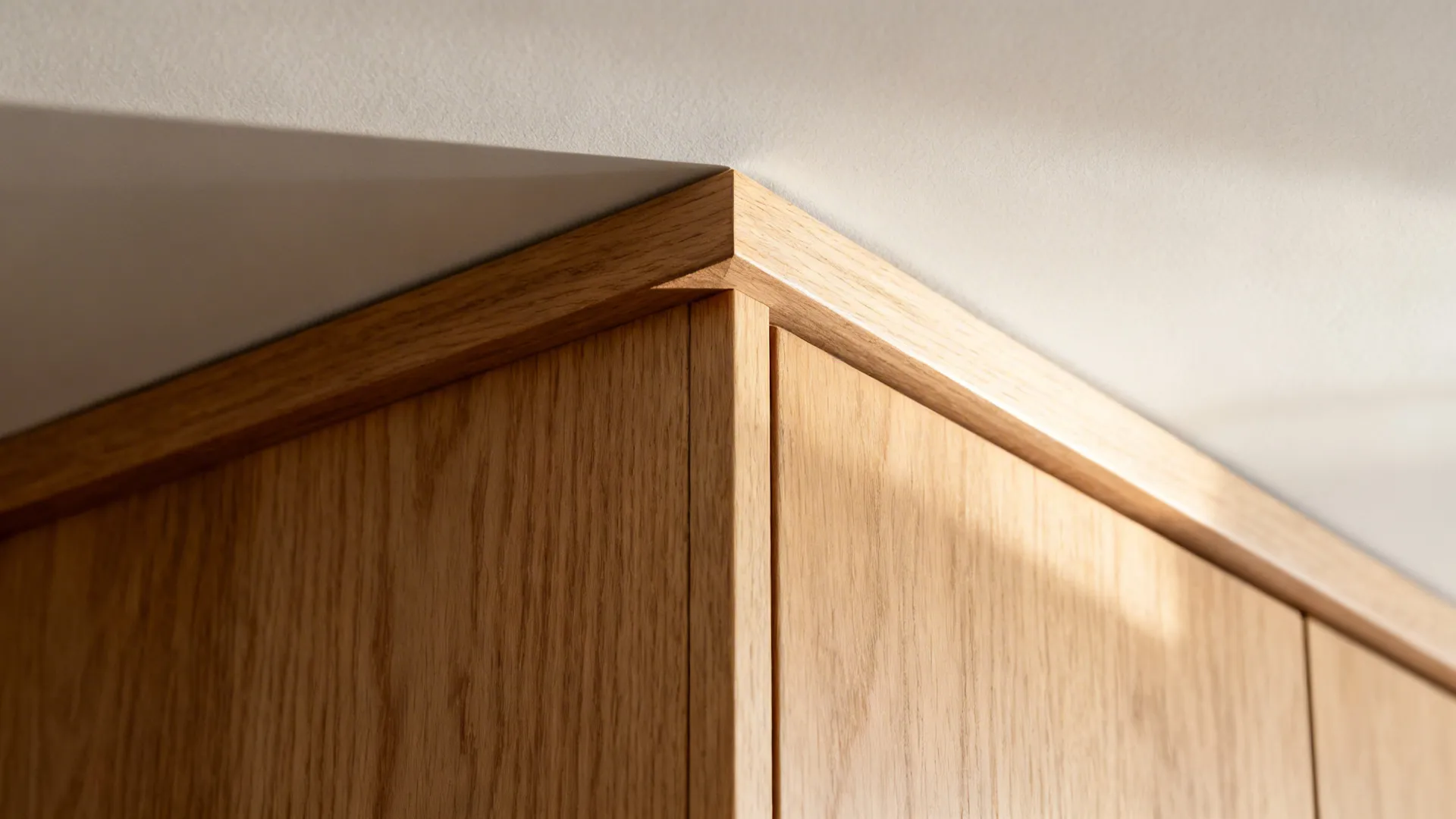 Macro of white oak crown with shadow reveal and satin finish at the ceiling line.