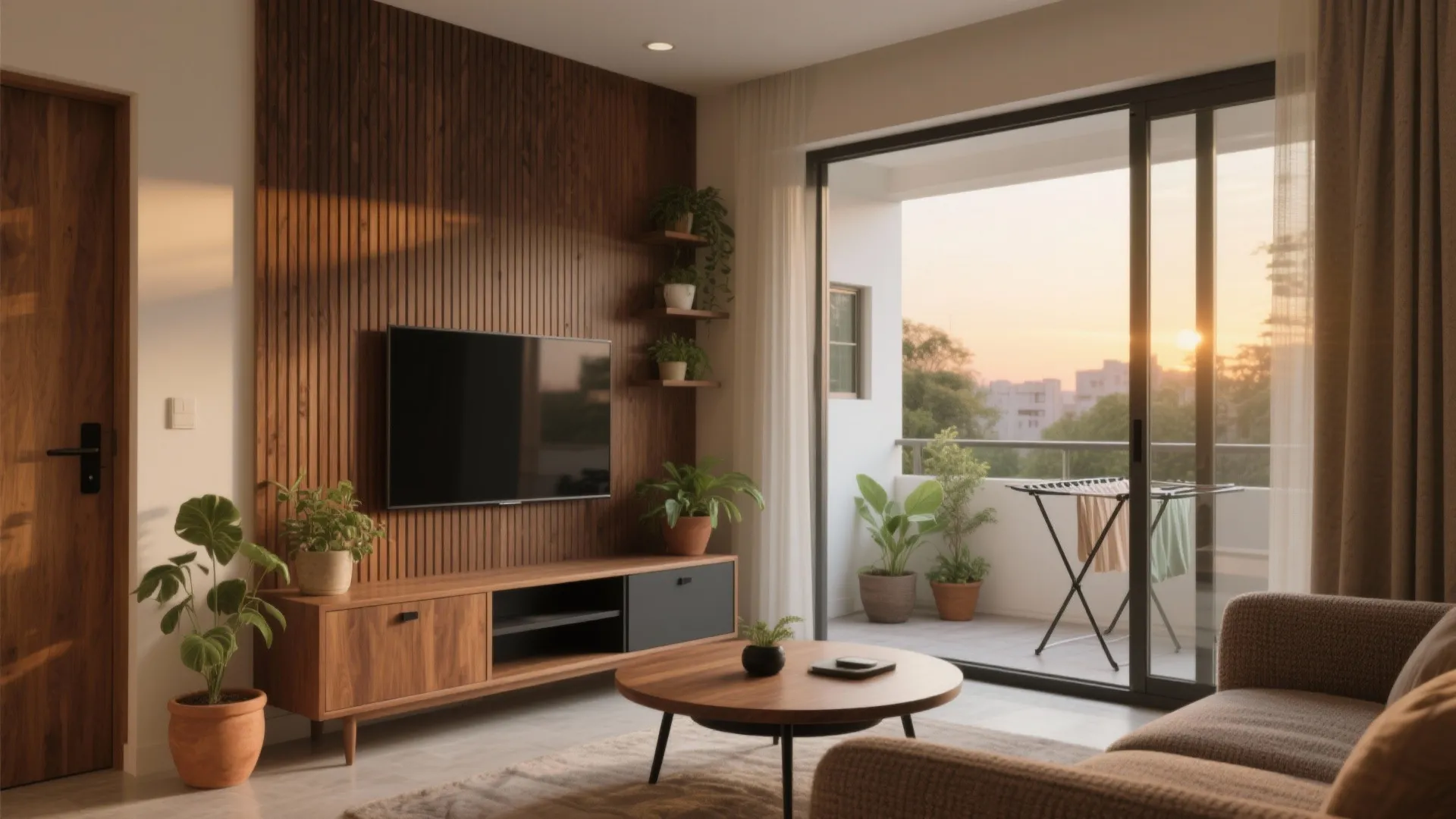 Warm wood textures, soft curves, and balcony utility