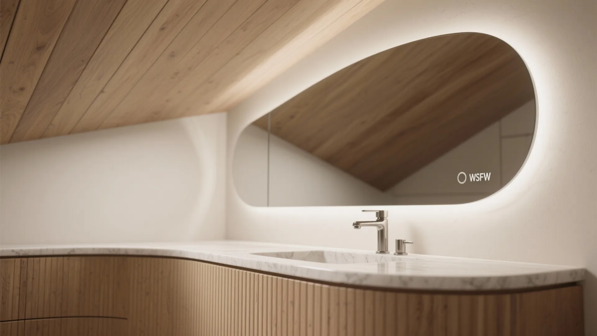 Modern bathroom sink with marble counter wood cabinet and large oval mirror with bright light
