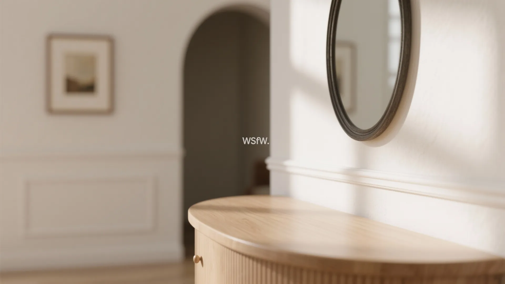 Warm wood, soft curves, and a focal art moment