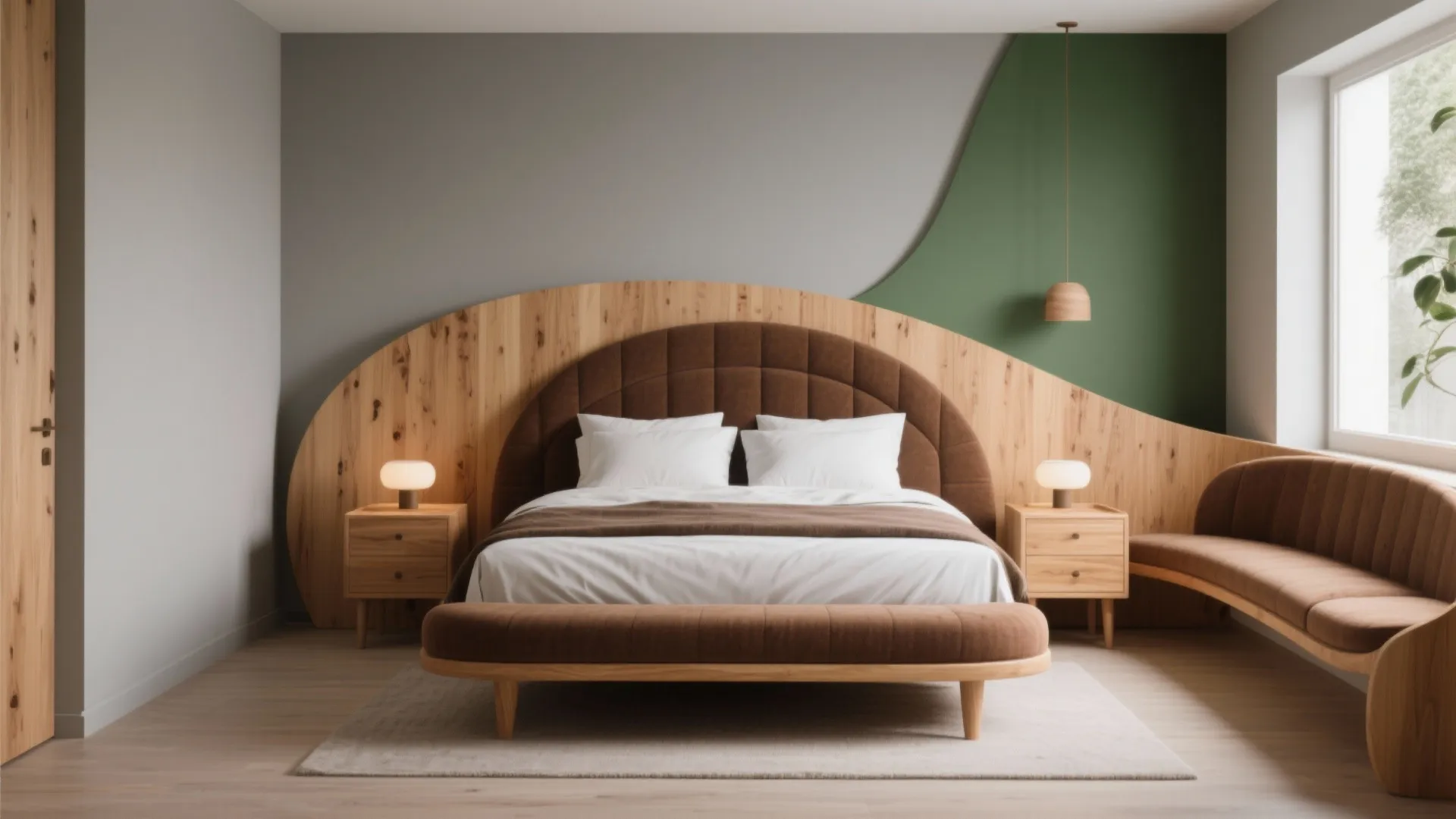 Modern bedroom with curved brown bed and wooden wall panel plus small sofa and lights