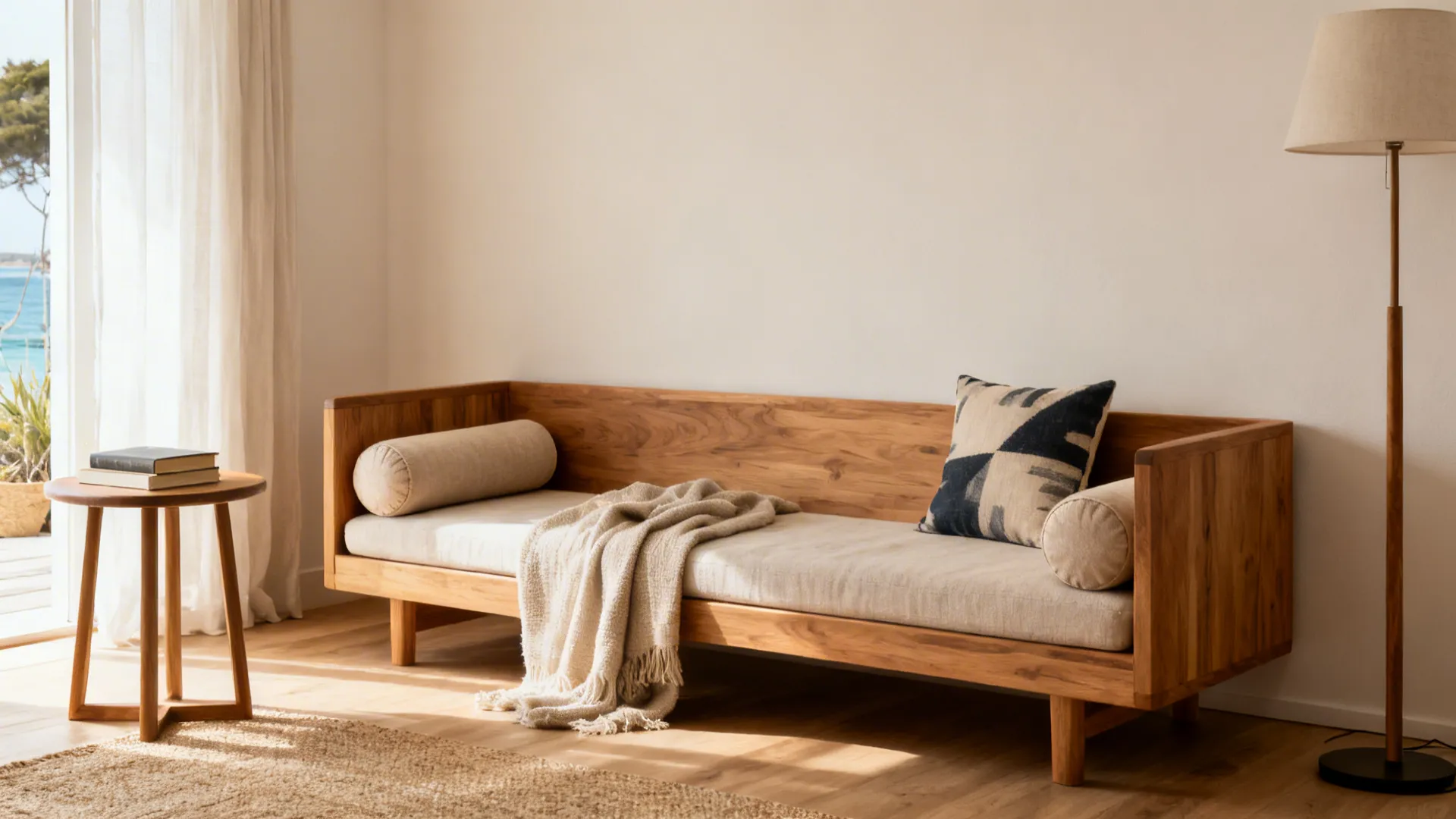 Low-profile wooden daybed sofa with bolsters creating airy sightlines in a small living room.