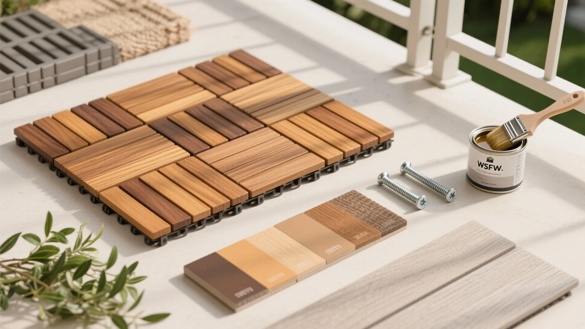 Warm Wood Elements: Deck Tiles and Slatted Screens