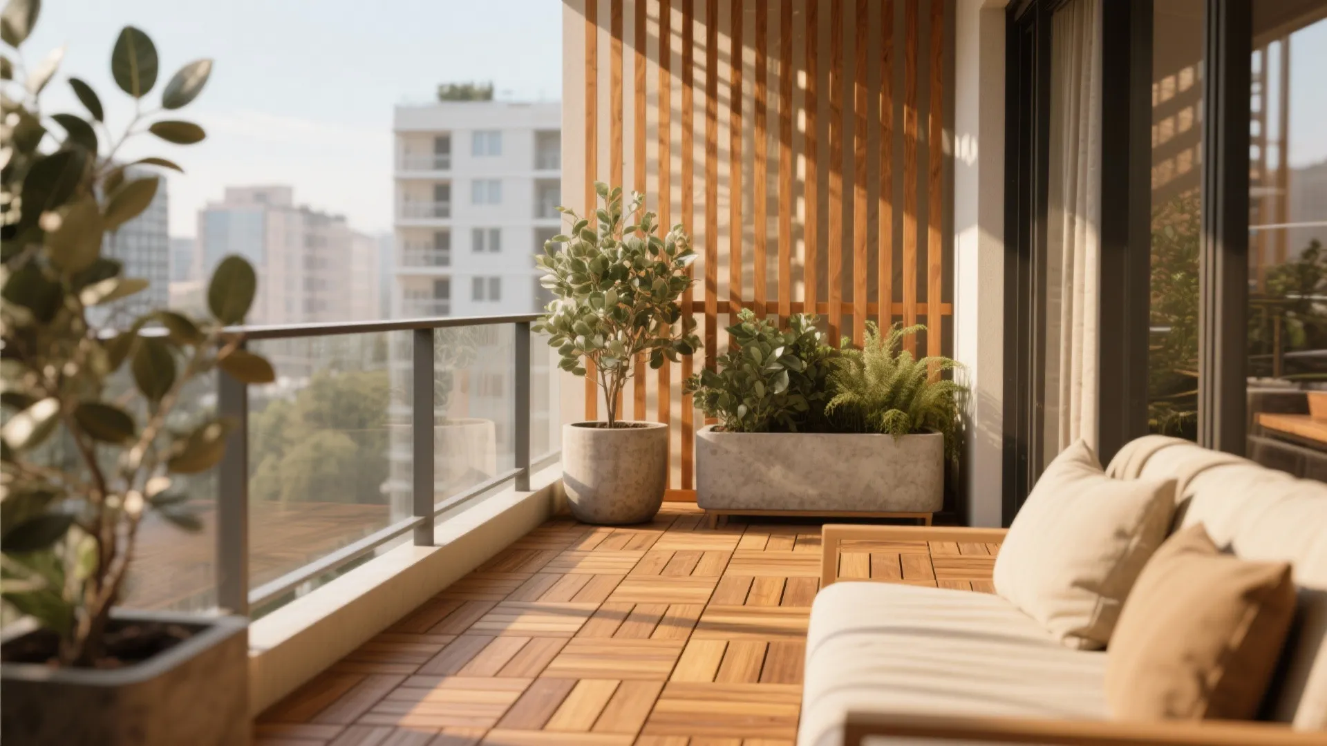 Warm wood decking and slatted screens