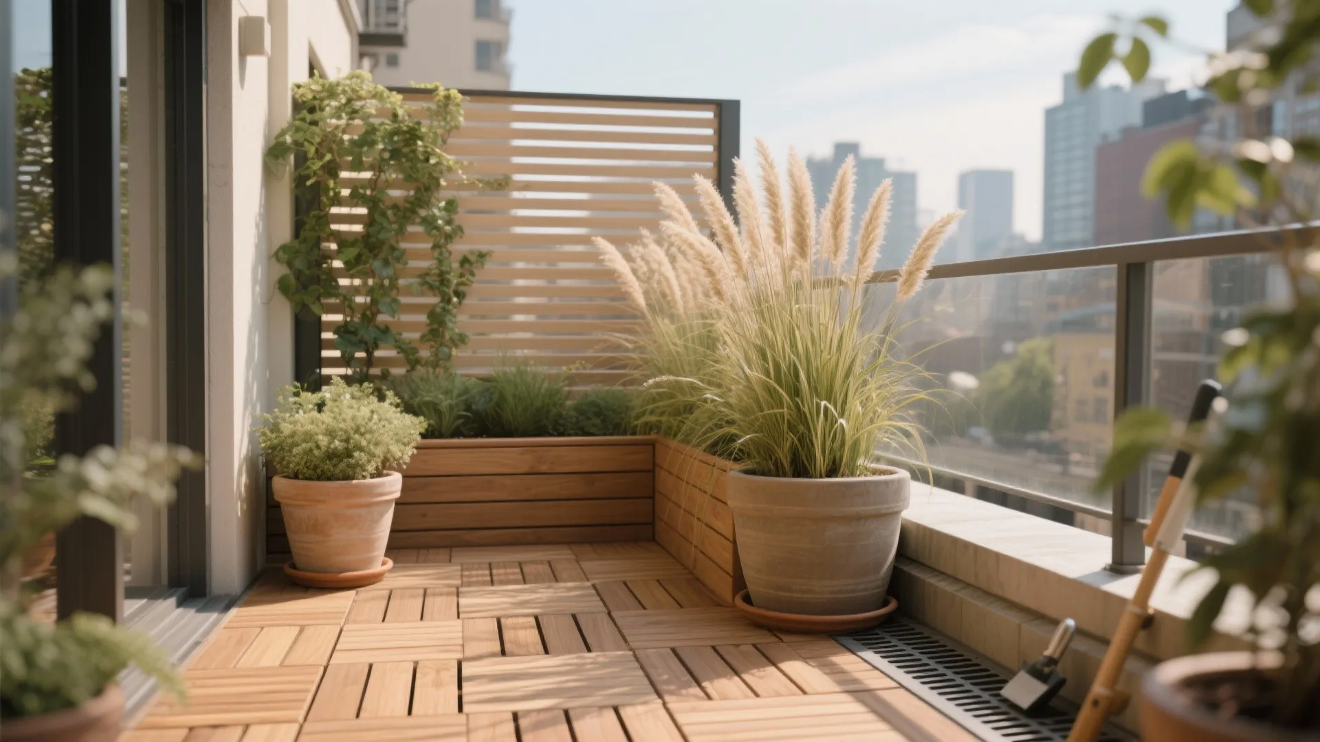 Warm wood decking and planter textures