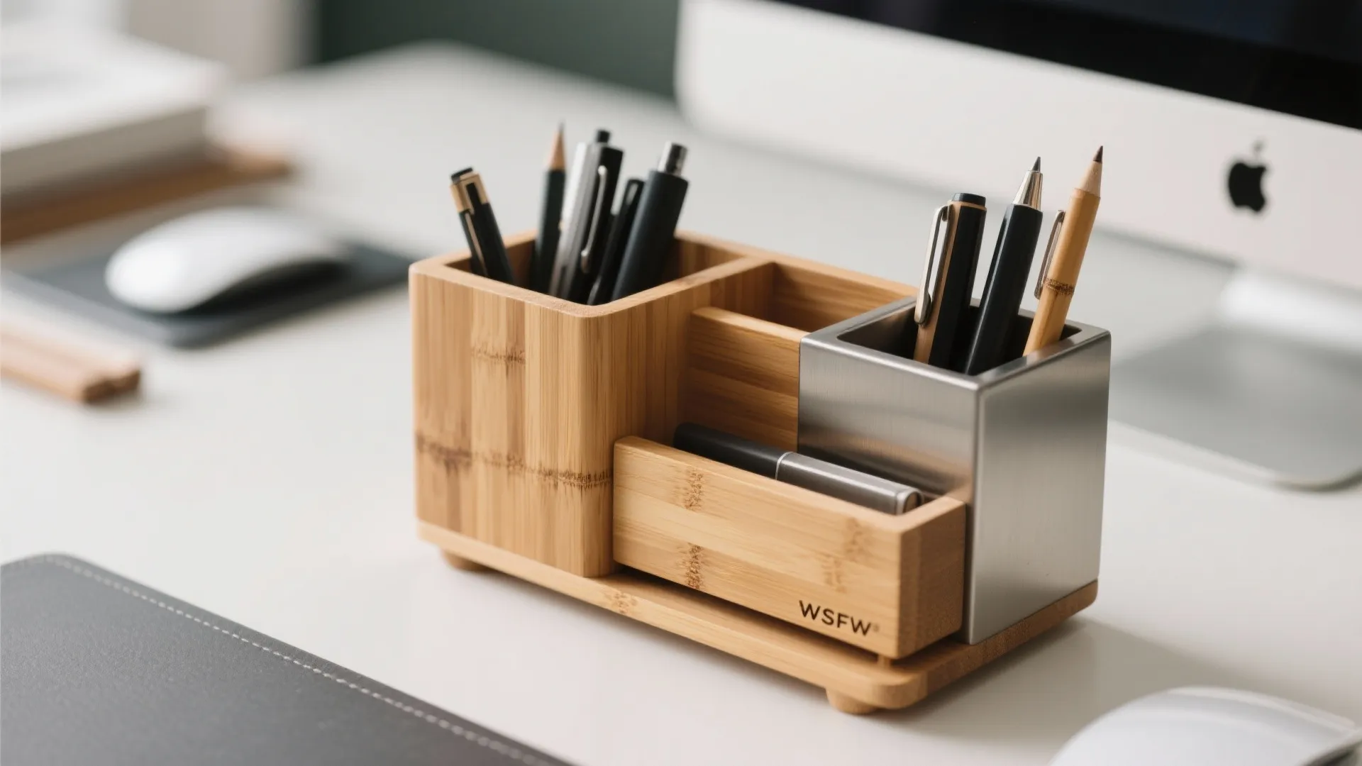 Wooden desk organizer with pens and pencils placed next to a computer on white desk