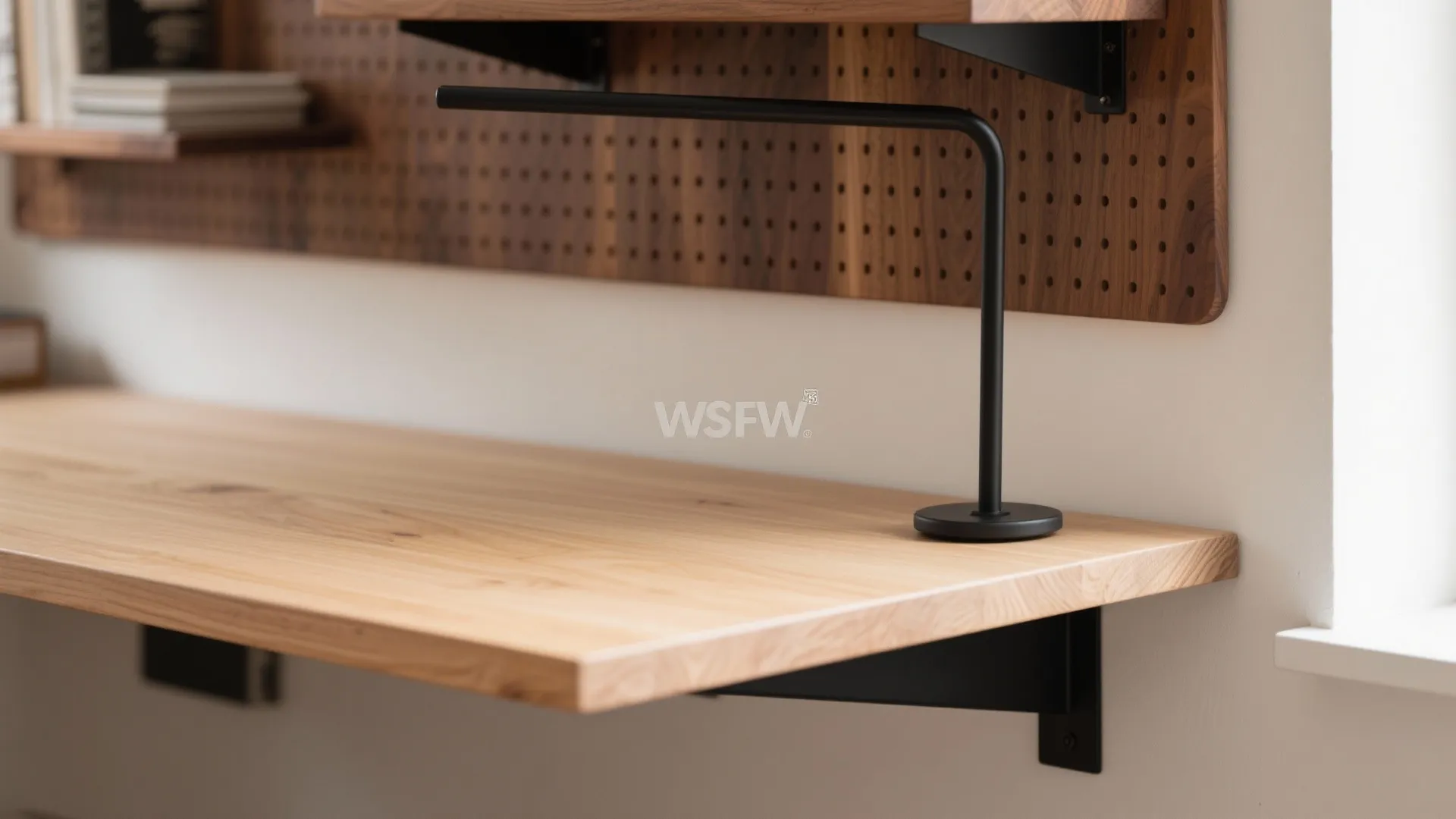 Close up of wooden desk surface with black table lamp and wall mounted wood board