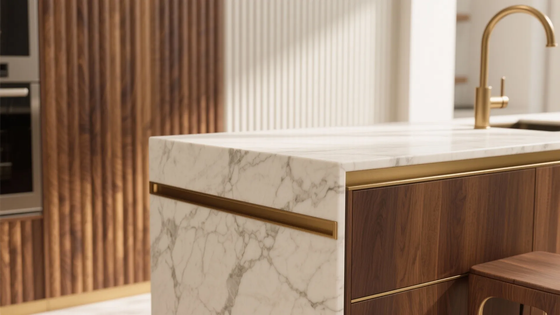 Close up of marble kitchen island with wood cabinet and gold handle plus gold water faucet