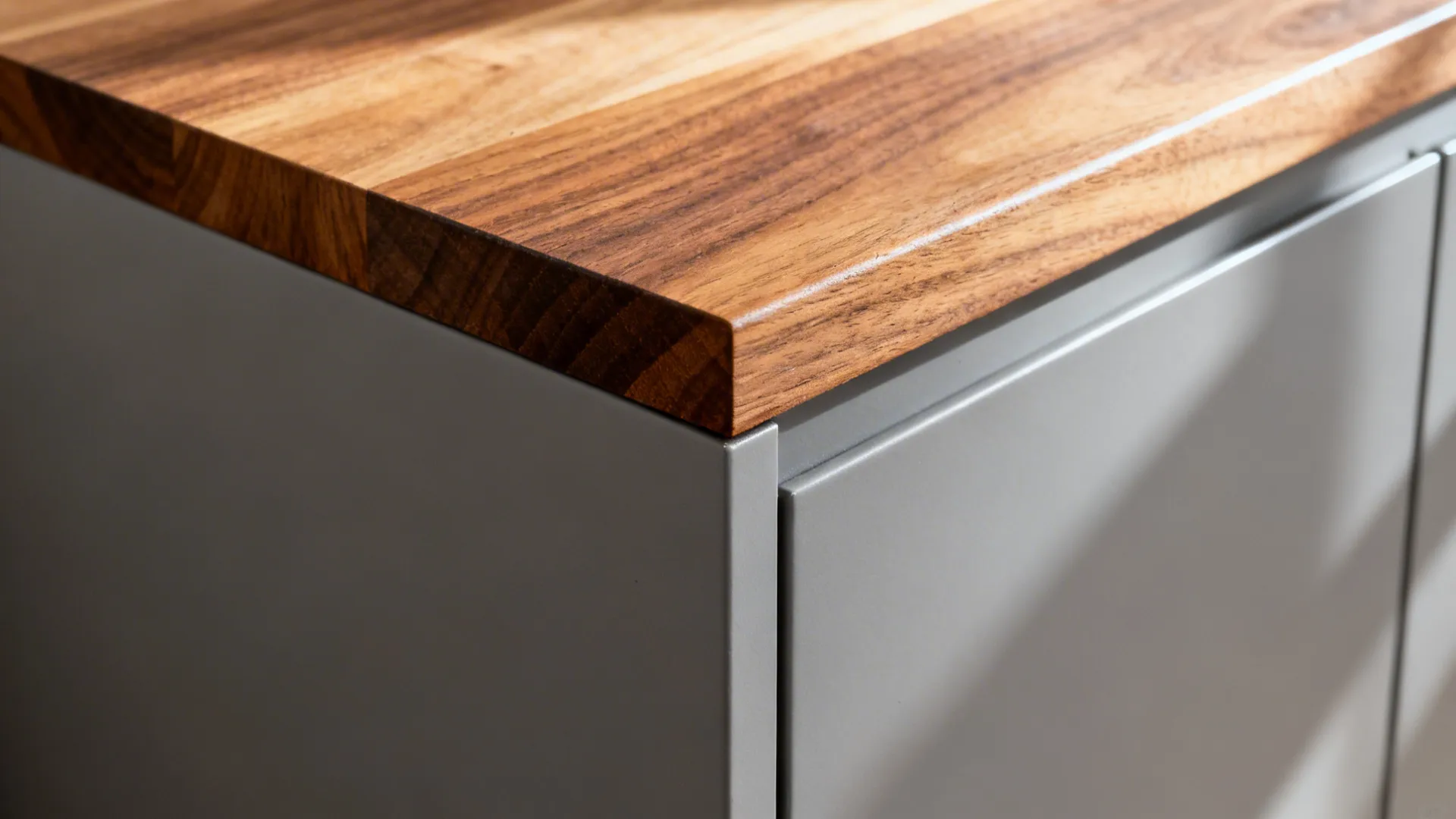 Macro detail of walnut edge banding meeting a matte lacquer cabinet front.