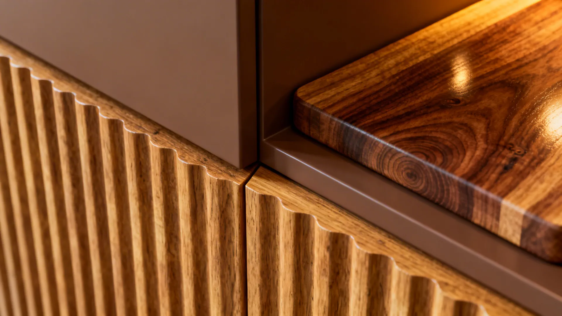 Macro of fluted oak toe-kick and walnut niche with warm light highlighting grain.