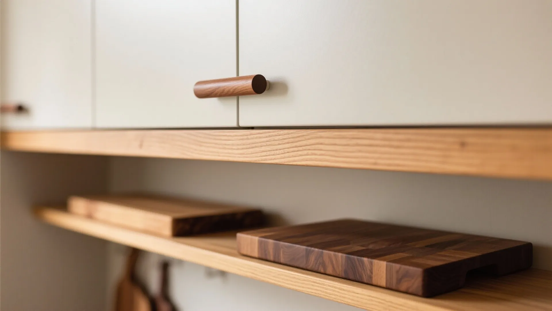 Close up of white kitchen cabinet with round wood handle above open wooden shelving and boards