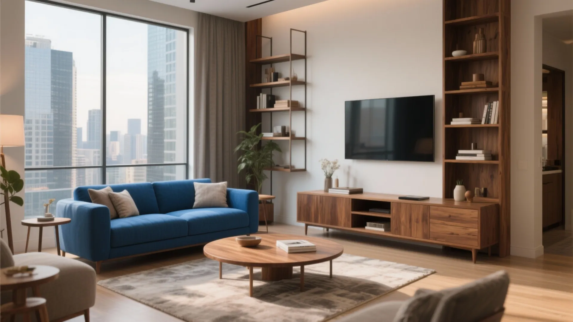 Living room interior design with blue sofa wooden cabinet round coffee table and large city windows