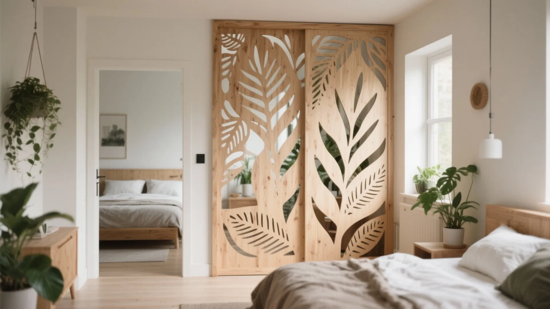 Nature-inspired wooden divider with organic motifs