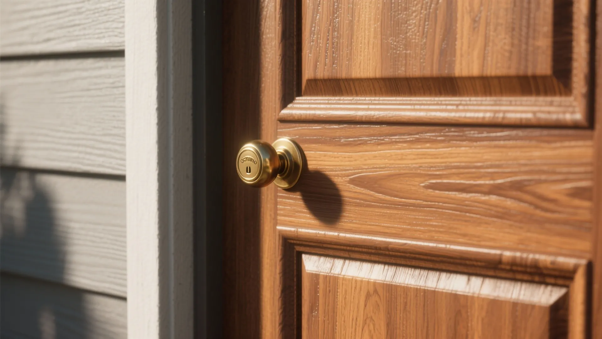Close up of a wooden front door with a gold metal handle and wood grain