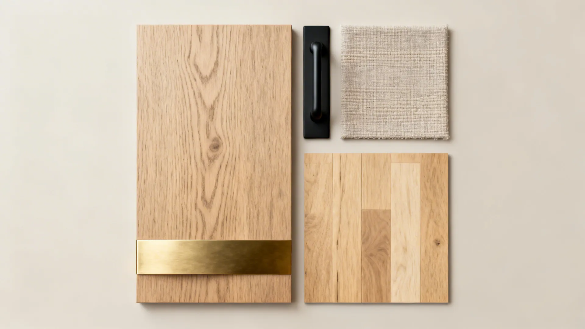 Flat lay of white oak veneer, finishes, hardware, and fabrics for warm wood sliders.