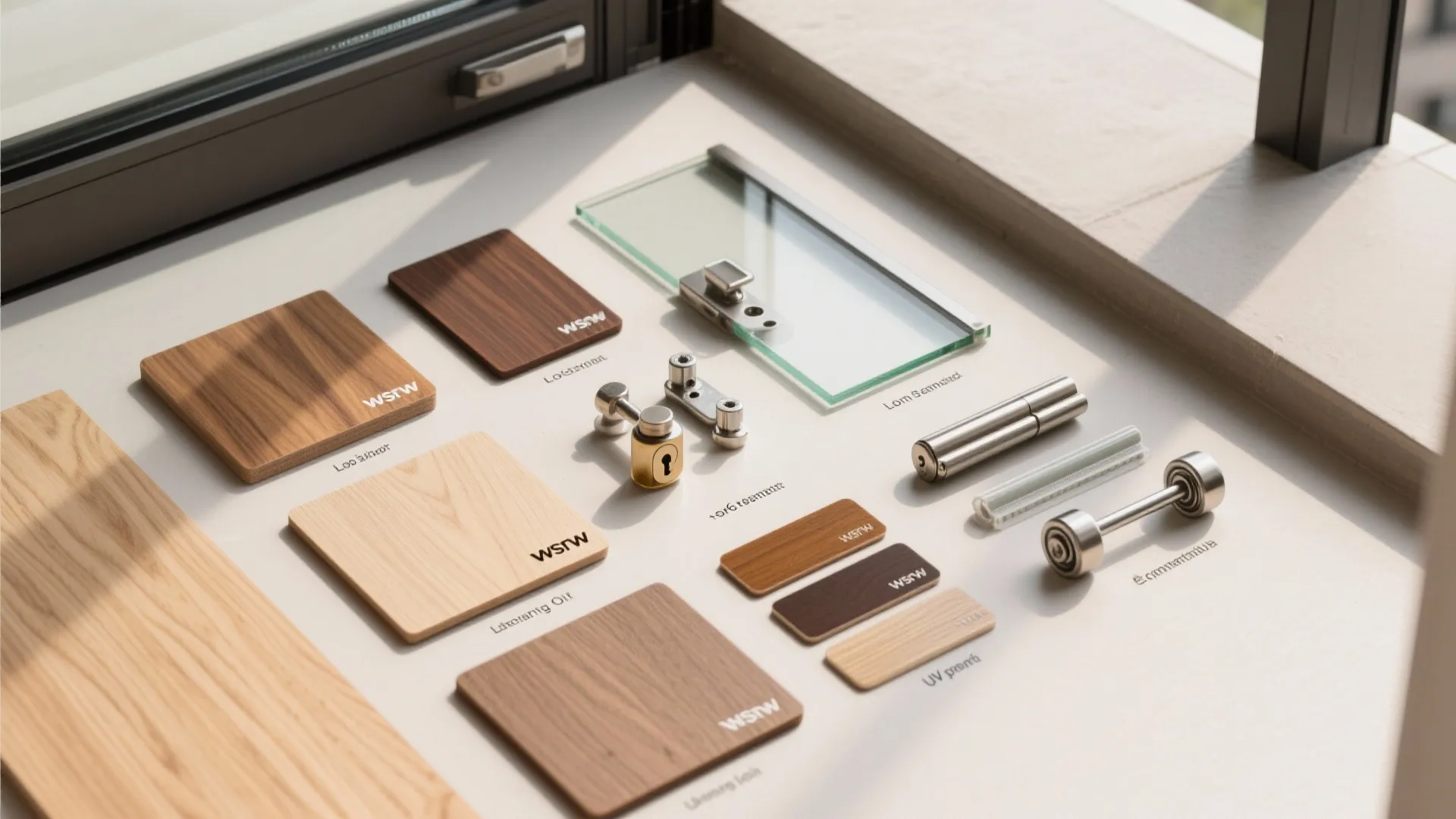 Various wood door material samples with metal door handles and glass panel on white table surface