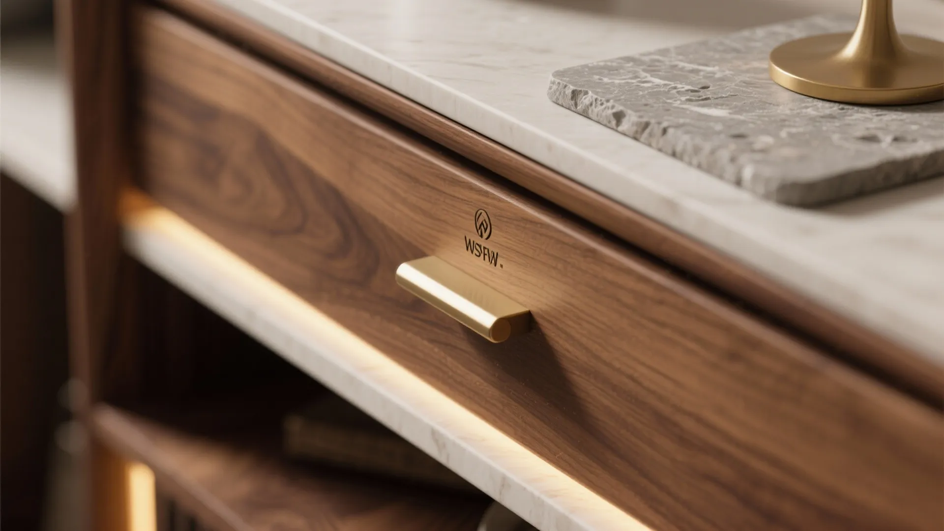 Close up of walnut wood cabinet drawer with gold handle under a white marble stone tabletop