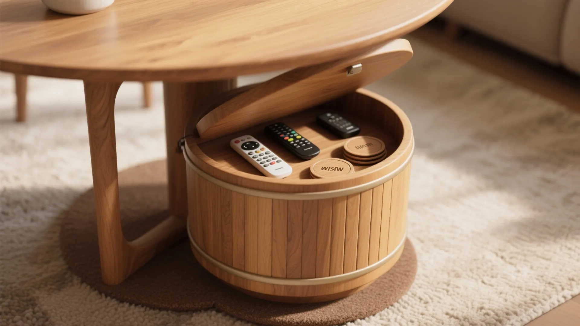 Wood Drum Tables with Hidden Storage