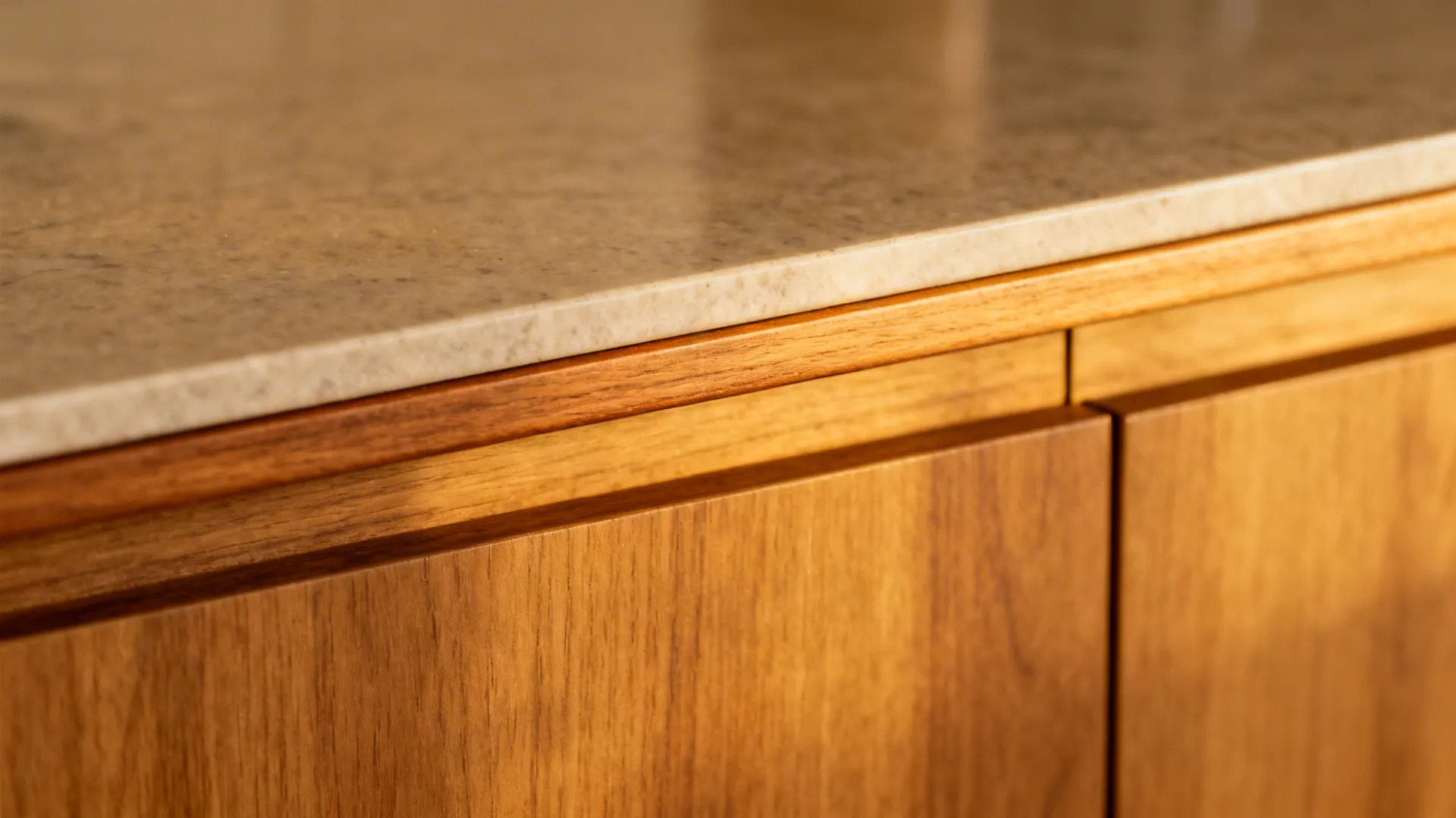 Close-up of a slim quartz top with a narrow solid-wood edge over oak cabinetry.