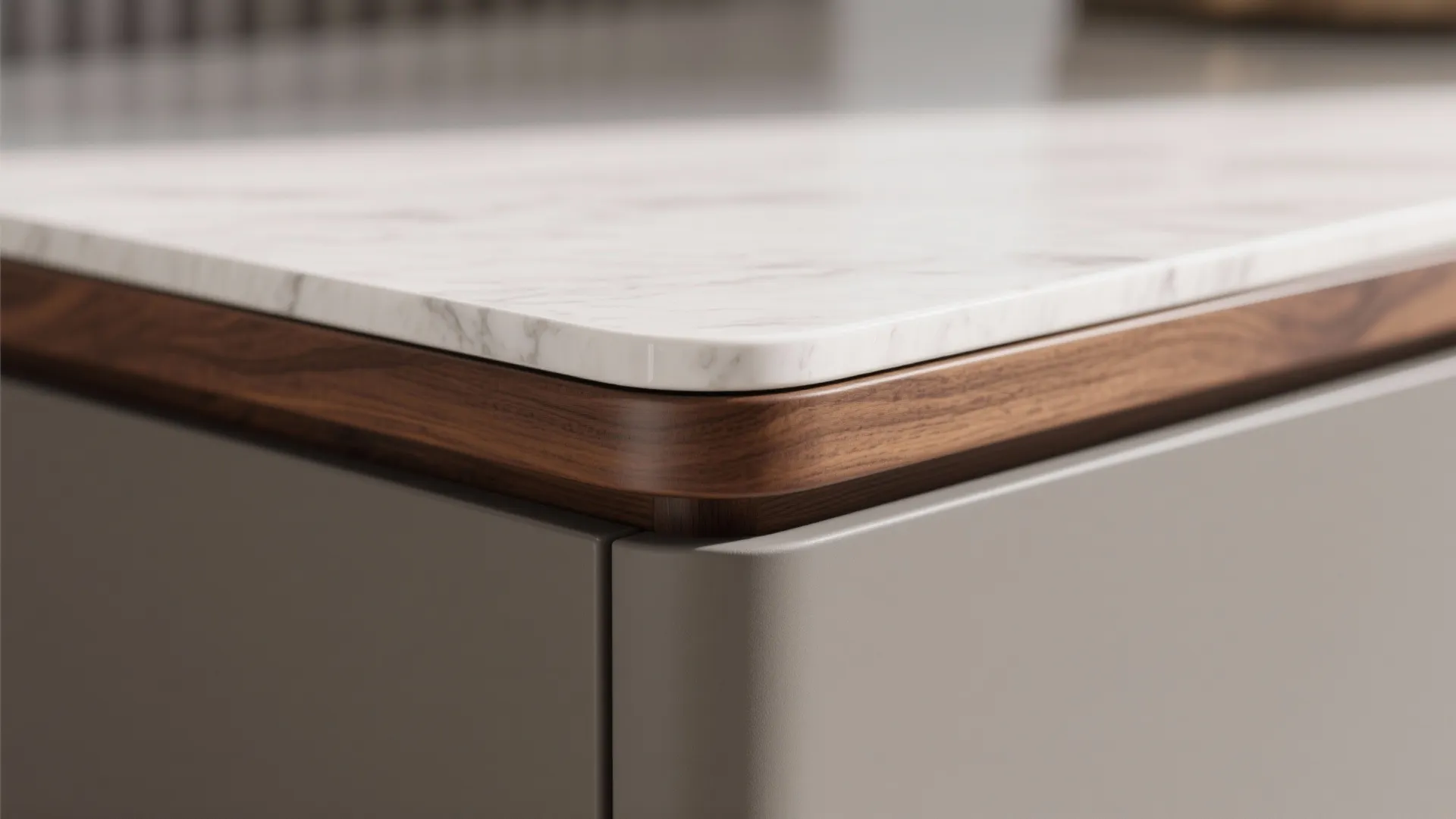 Macro detail of walnut edge on a matte quartz breakfast ledge with fine joinery.