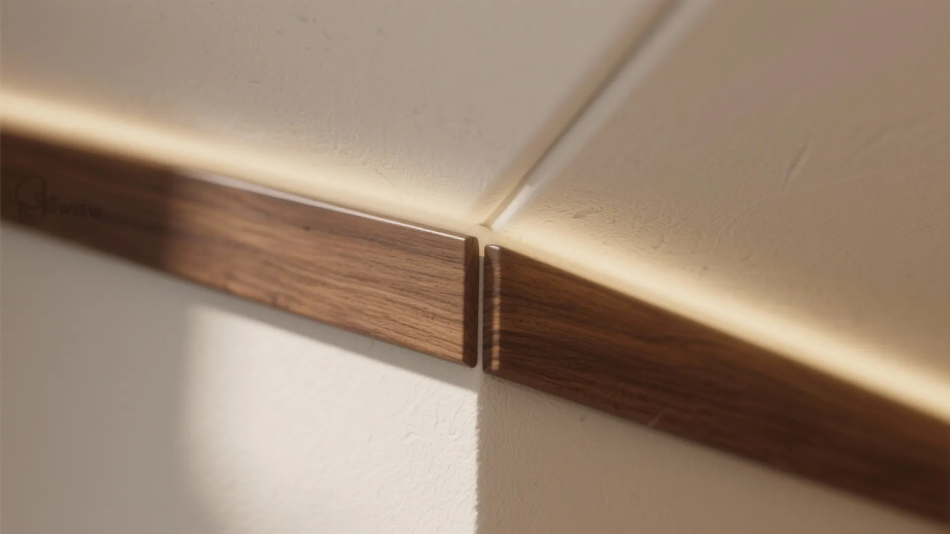 Close up of wood wall trim with hidden light strip installed on a white textured wall