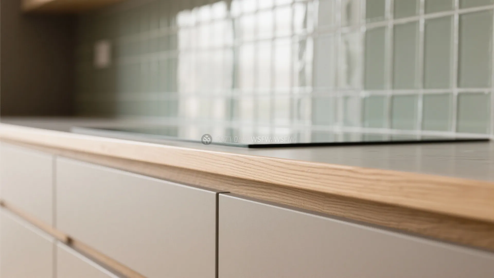 Close up of wood countertop edge with grey kitchen cabinet doors and green wall tiles